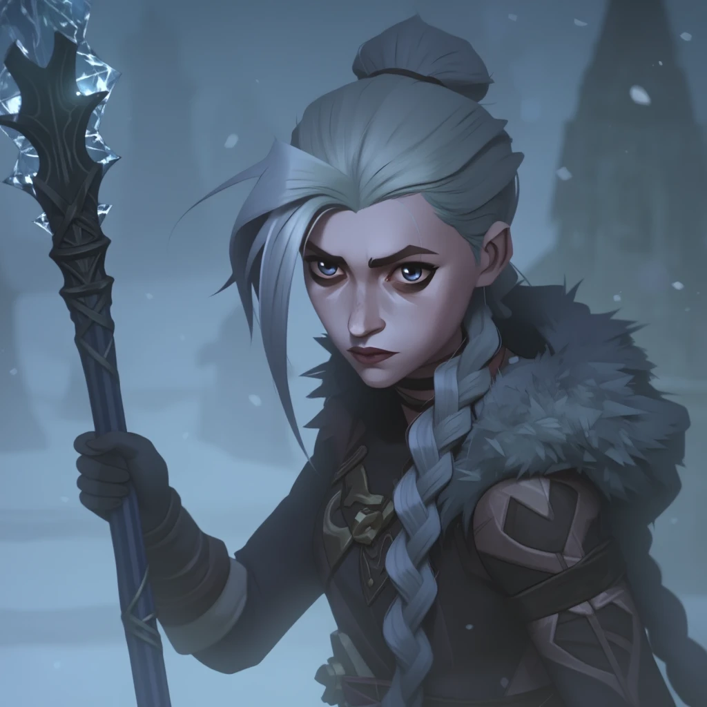 Jinx, the ice queen, with white frosty hair tied in a bun with long braids flowing down from it.  She wields a staff made of ice and her blue eyes stare at the viewer coldly.  A blizzard rages around her, and a frozen castle can be seen in the background.  She wears a fur-lined sorceror robe.