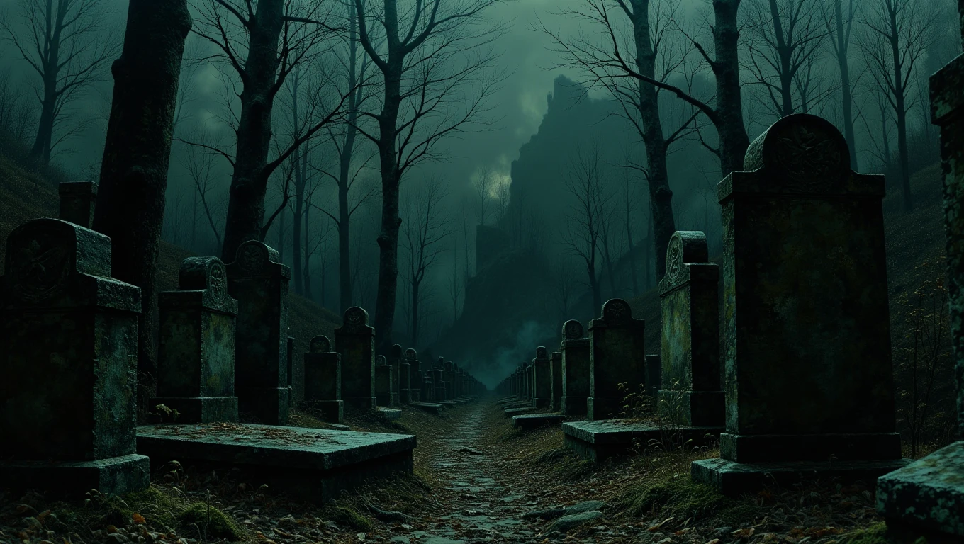 An ancient graveyard hidden deep within a dark forest. The tombstones are old and weathered, covered in moss and ivy. The ground is uneven and covered in dead leaves, and the air is thick with the scent of damp earth. The trees surrounding the graveyard are tall and foreboding, their branches twisted and bare.
  <lora:Dark_Landscapes:0.8>