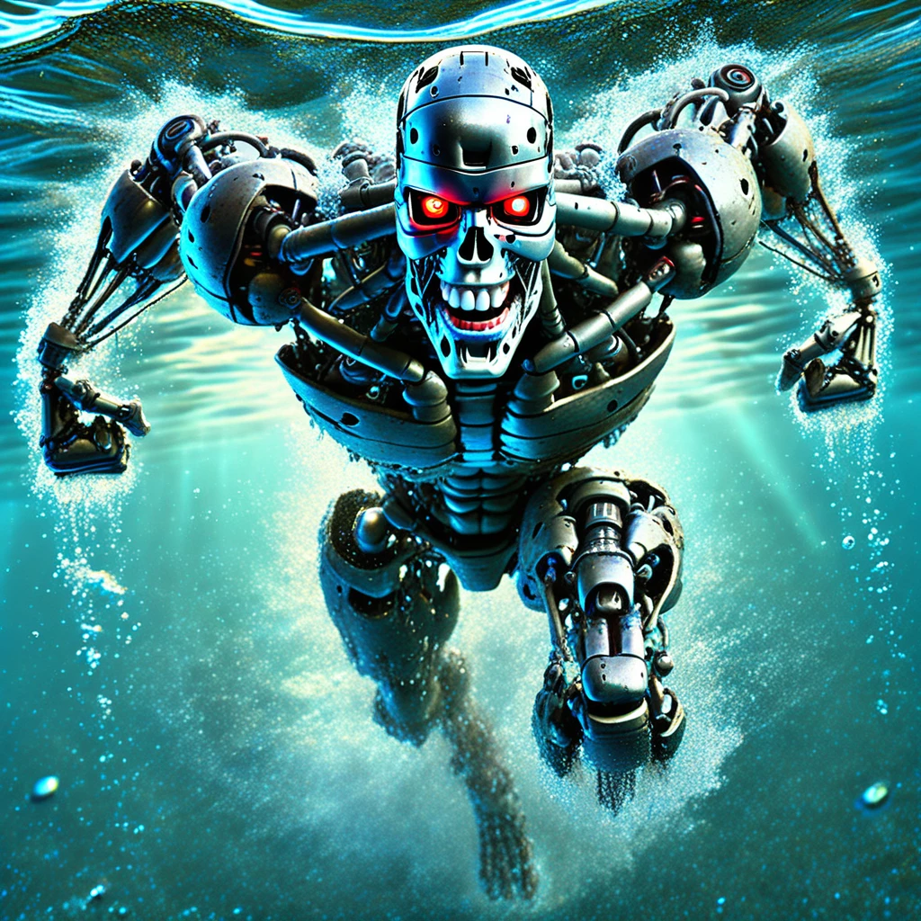 humanoid robot, 1boy, underwater, male focus, robot joints, realistic, full body, mechanical parts, solo, no humans, glowing, glowing red eyes, skull nose, open mouth, teeth, mechanical arms, mechanical hands, clenched fists, mechanical fingers, mechanical legs, mechanical feet, barefoot, water, light filtering through the water above,