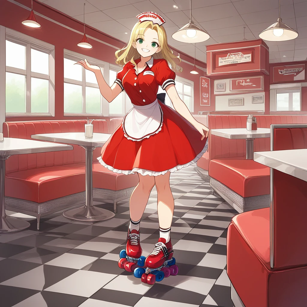 score_9, score_8_up, score_7_up, score_6_up, score_5_up, score_4_up, zPDXL2,source_anime,rating_questionable, cowboy shot,smile, looking at viewer, 1girl , waitress, red dress, rollerblades, <lora:Diner:0.8> d1ner, indoors, table, checkered floor, red booth chair, window