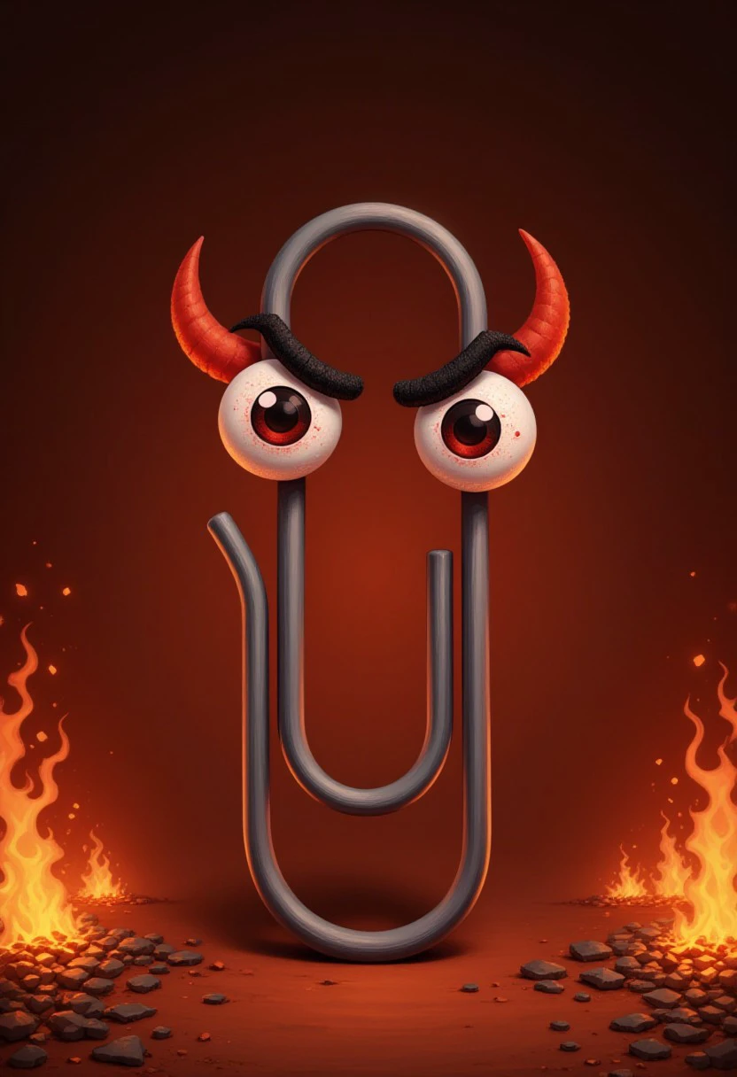 clippy, angry with bloodshot eyes and v-eyebrows. devil horns, hell background. flames.