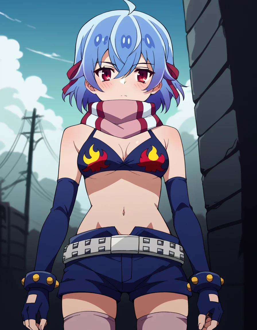 score_9, score_8_up, score_7_up, source_anime, <lora:ruti-ragnason-s1-ponyxl-lora-nochekaiser:1>, ruti ragnason, short hair, red eyes, ribbon, blue hair, hair ribbon, ahoge,, <lora:yoko-littner-cosplay-ponyxl-lora-nochekaiser:1>, yokolittnercosplay, yoko littner (cosplay), bikini top only, no shirt, belt, shorts, black shorts, short shorts, elbow gloves, gloves, thighhighs, scarf, flame print, navel, midriff,, wasteland, blush,, , cowboy shot, dutch angle
