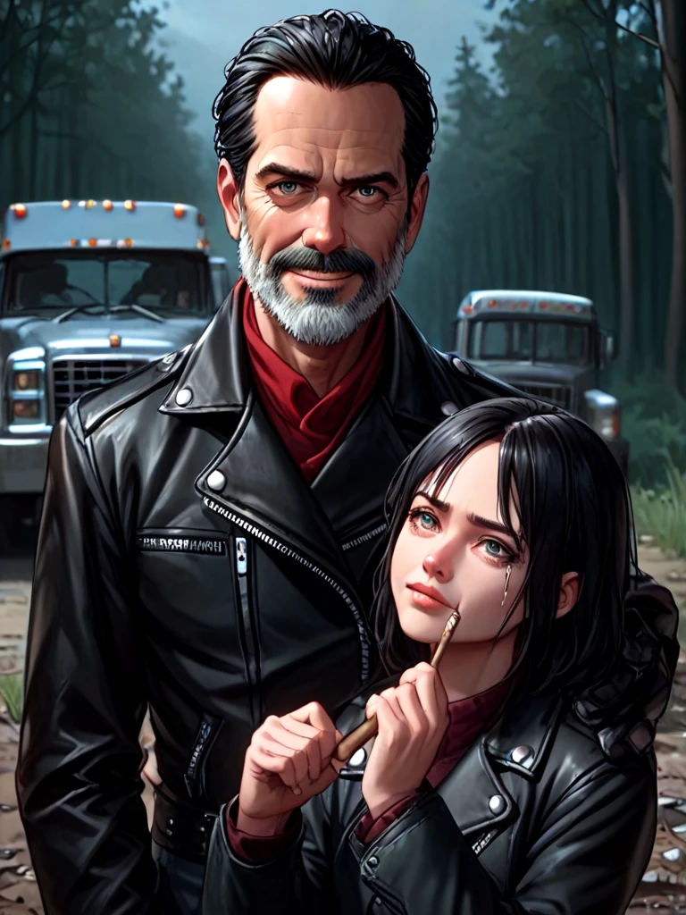 score_9, score_8_up, score_7_up, negan, 1guy, red scraf, black leather jacket, black gloves, narrow waist, 1girl, 2girls, multiple girls, fear, truck, night, forest, realistic, close-up, hand up, arm up, holding weapon, <lora:girlhatenegan_pony:1>