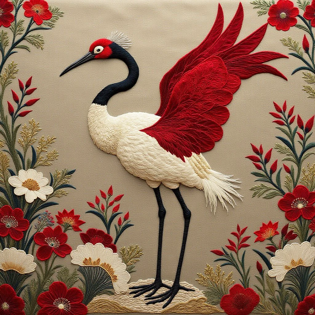 scarlet crane bird  <lora:Embroidered_Quilting_Flux:1>