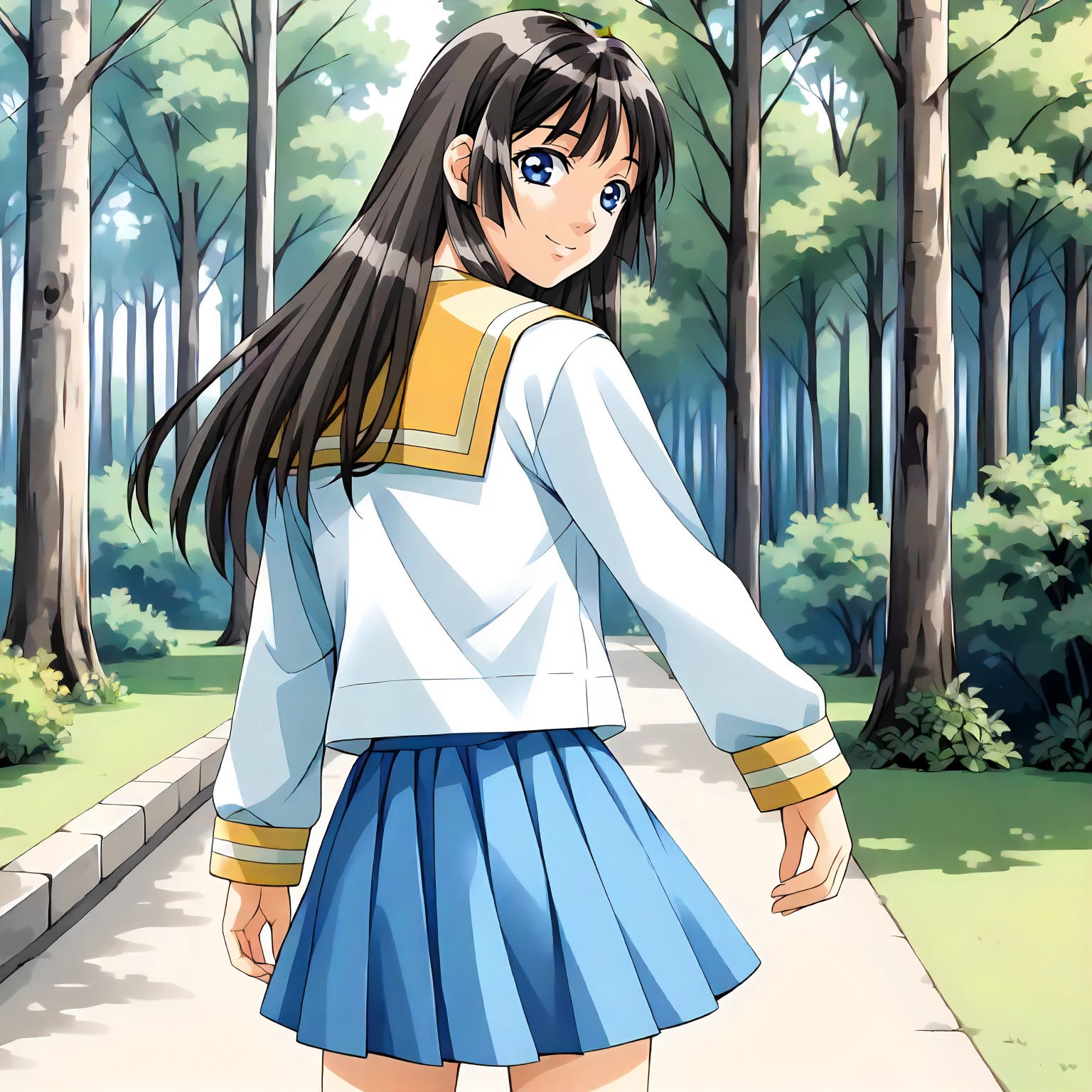 <lora:IS_RumiKitazawaXLpony002>,
outdoors,nature,
smile,
solo,
RumiKitazawa,1girl,black hair,long hair,blue eyes,
white shirt,yellow sailor color,long_sleeves,
blue skirt,
black socks,
standing,looking back,