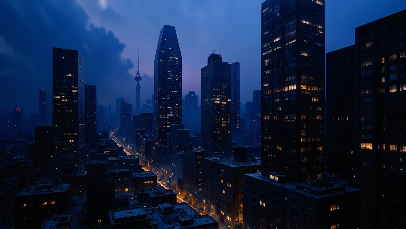 A modern cityscape bathed in the soft light of twilight. The skyscrapers are sleek and reflective, their windows catching the last rays of the setting sun. The streets are bustling with activity, and the lights of the city begin to flicker on, casting a warm, golden glow over everything. The sky is a deep blue, fading to purple as night falls
<lora:Dark_Landscapes:1.0>