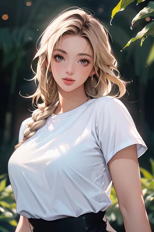 cinematic photo upper body shot of <lora:AutumnRenV1:1>, a breathtaking glamour photo of a beautiful woman, blonde hair, twin braids, braid, long hair, dark brown eyes, outdoors in a lush (garden:1.1), (4k, RAW photo, best quality, 50mm prime lens, depth of field, ultra high res:1.1),(intricate, photorealistic, cinematic-shot, masterpiece, ultra-detailed:1.1), epiCRealism, looking at viewer, in style of Tyler Shields:1.3, wearing a skinttight t-shirt: 1.2,  dutch angle . 35mm photograph, film, bokeh, professional, 4k, highly detailed