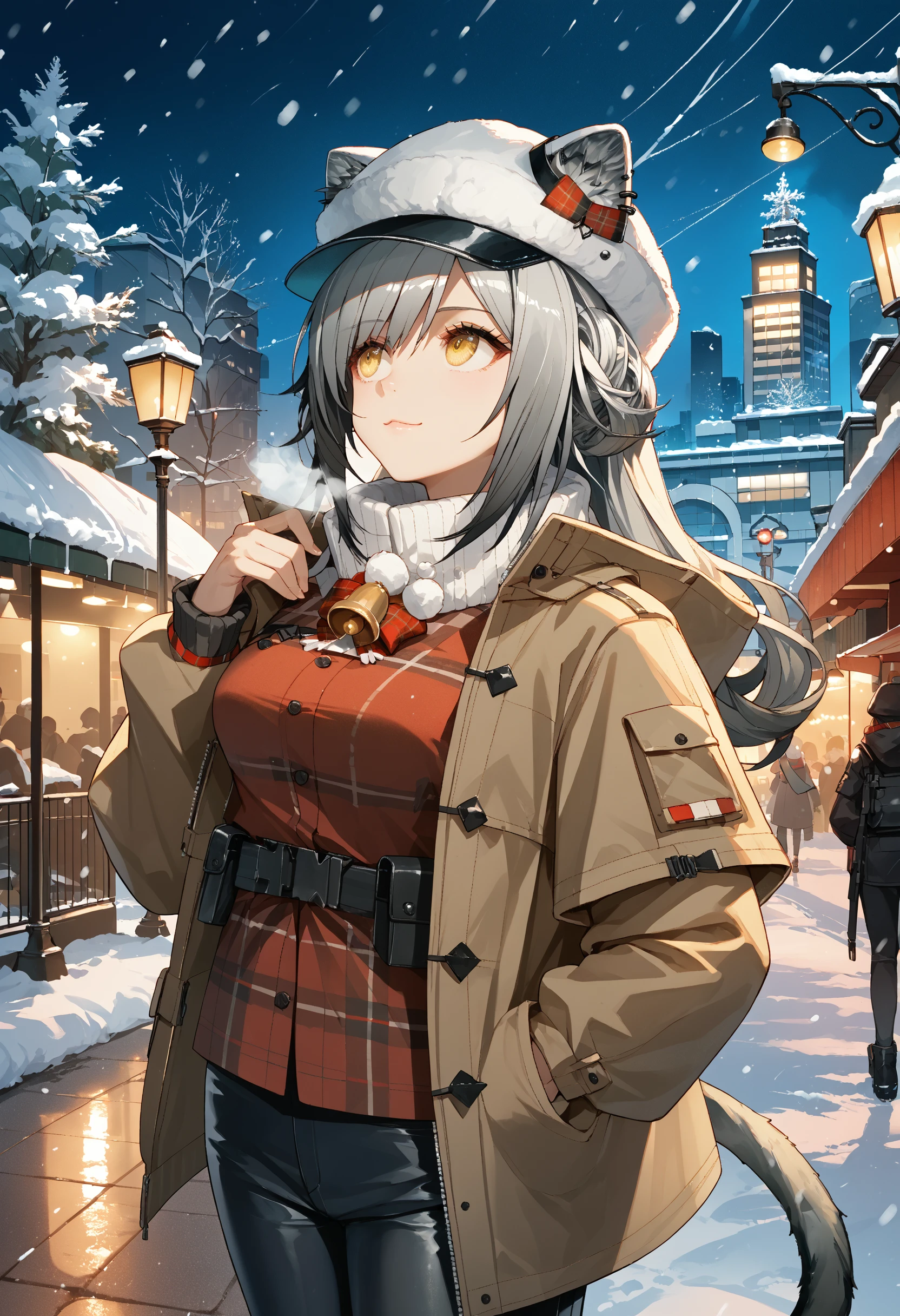 (zPDXL2), (masterpiece), (best quality), (highest quality), (highres), (absurdres), (extremely detailed), score_9, score_8_up, score_7_up, score_6_up, source_anime, schwarz_(arknights), 1girl, solo, cat ears, cat tail, long hair, grey hair, yellow eyes, snow, city, trees, winter, snowing, night, street light, street, black winter hat, red (plaid:1.05) shirt, winter coat, black pants, steam, (ajar mouth, light smile:0.6), (cowboy shot, looking up:1.2), standing away, (upper body:1.1)