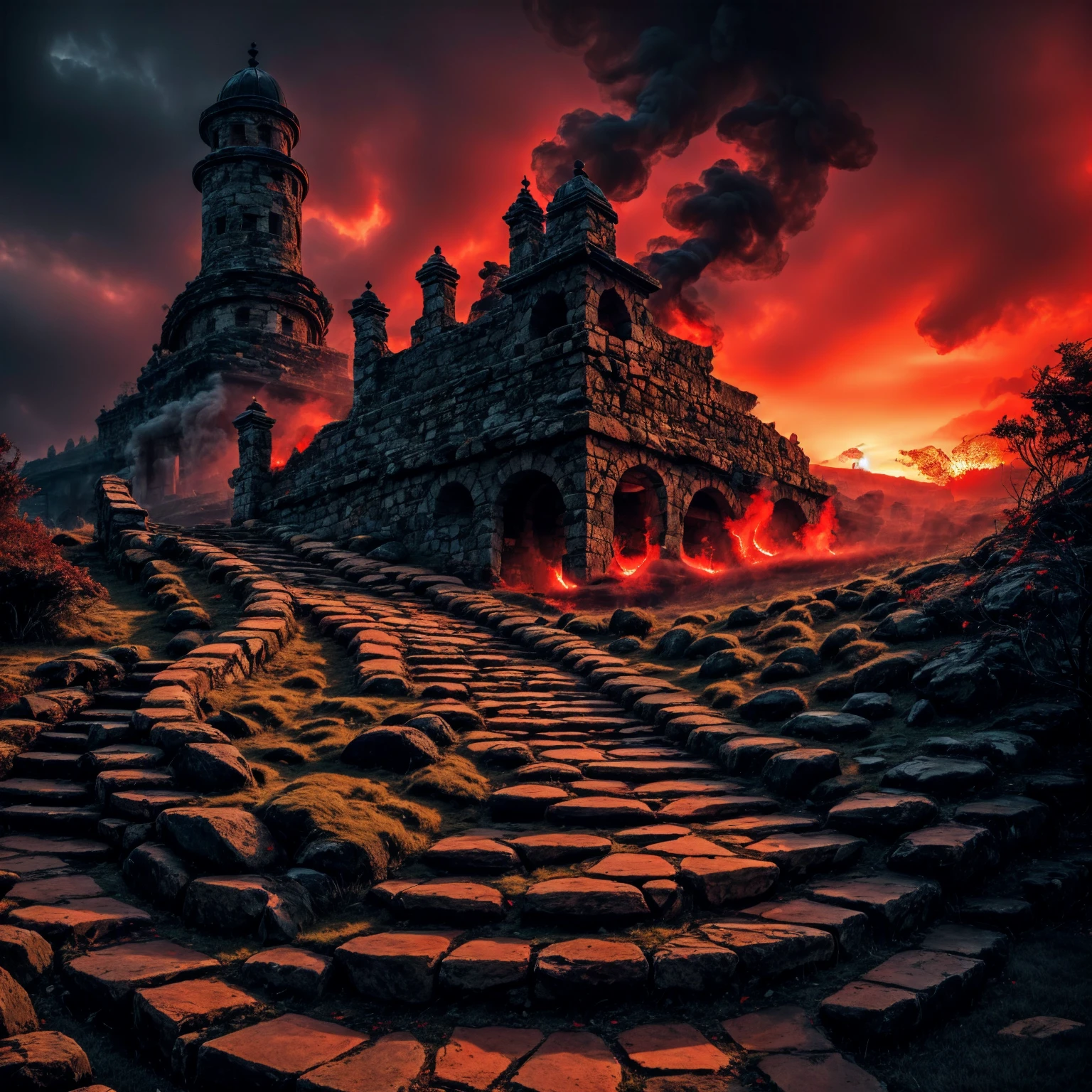 Role-playing game (RPG) style fantasy stone foretress, stone stairs, red theme, setting sun, cloudy sky, red clouds, red smoke, <lora:firelap:0.8>, elementalplanefire, <lora:more_details:0.6>, high quality, highres, masterpiece, best quality, 8k, intricate, detailed, <lora:add_detail:0.6>, very detailed . Detailed, vibrant, immersive, reminiscent of high fantasy RPG games