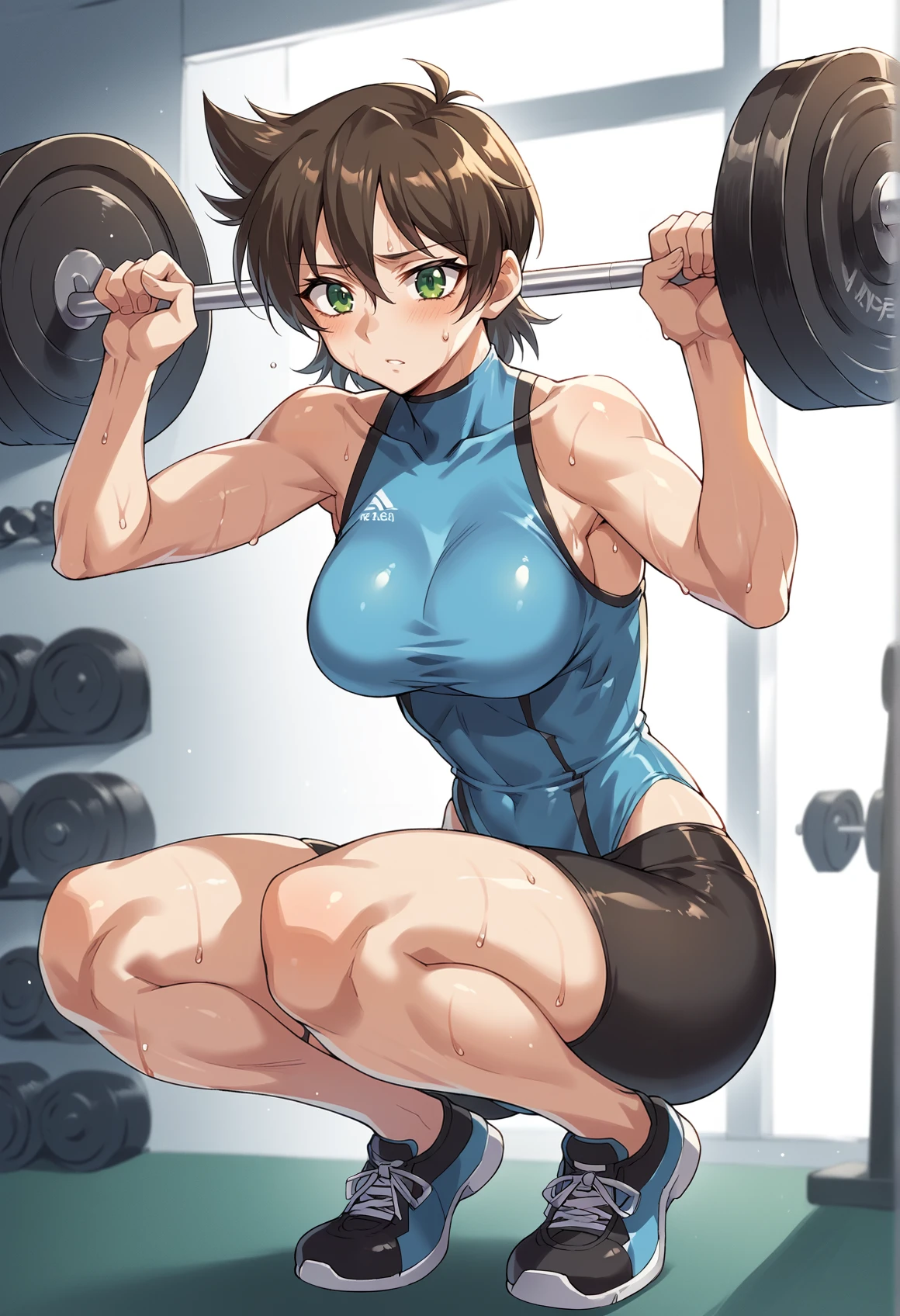 1girl, medium breasts, short hair, green eyes, bike shorts, bodysuit, cropt top, bare shoulders, sweat, squatting, panties, looking at viwer, confusedm indoors, gym, tall female, weightlifting, <lora:ROD:1>, score_9, score_8_up, score_7_up, score_6_up, score_5_up, score_4_up, BREAK source_anime, masterpiece