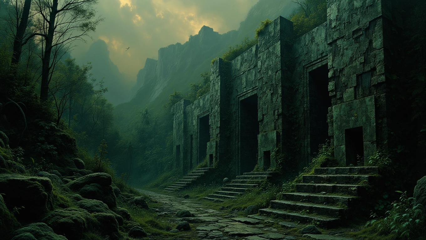 An ancient, overgrown city hidden deep within the jungle. Massive stone structures rise up from the dense vegetation, their surfaces covered in moss and vines. The air is thick with humidity, and the sound of distant waterfalls echoes through the trees. The jungle is alive with the sounds of birds and insects, and the city feels lost to time 
  <lora:Dark_Landscapes:0.8>