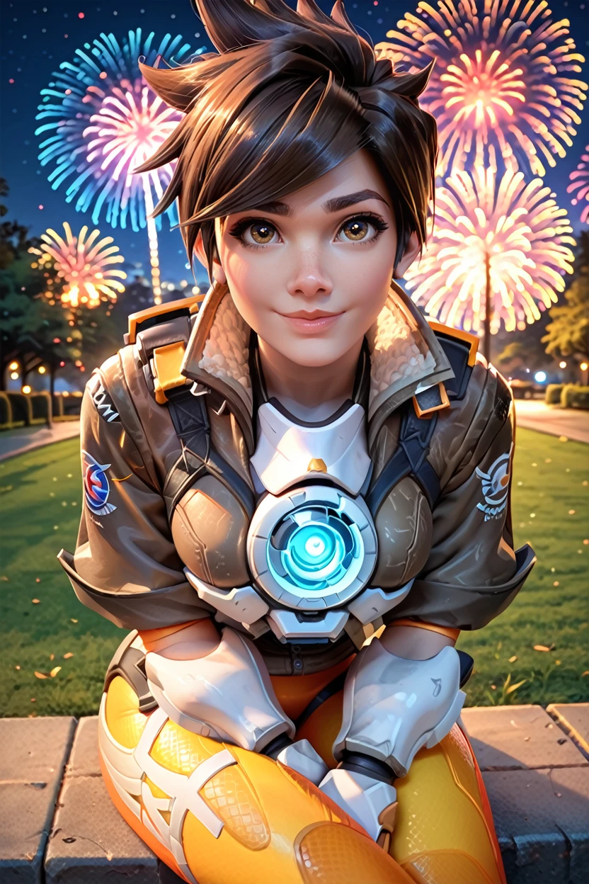 score_9, score_8_up, score_7_up
<lora:OTracer:1.0>
OTracer, 1girl, brown hair, brown eyes, short hair, looking at viewer, (sitting, at night, fireworks, park, looking up, smile)