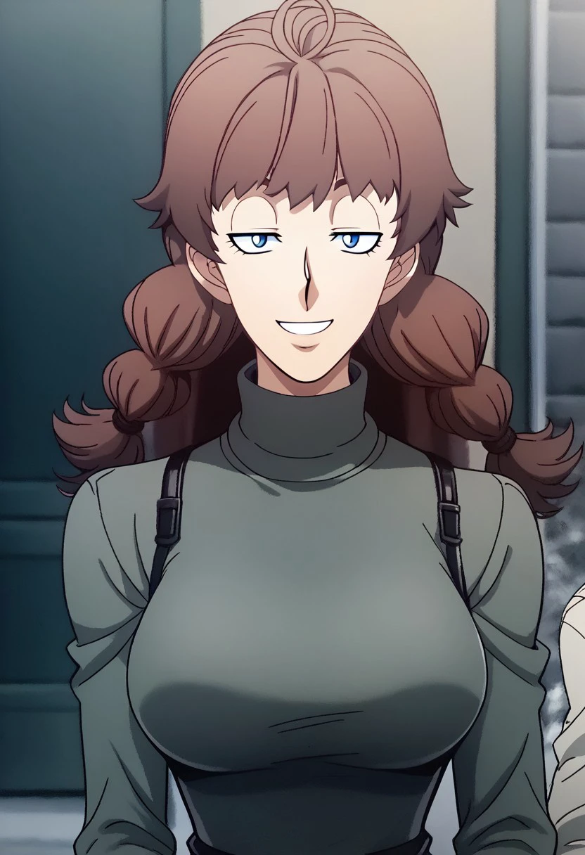 fjkwaitress, 1girl, solo, brown hair, long hair, two braids, two thick and loose braids, reach up shoulders tow braids, freckles, blue eyes, sweater, long hair, pants, bare legs, parody, legs, grey pants, large breasts, detailed skin, detailed face, smile, happy,
score_9, score_8_up, score_7_up, sauce_anime,