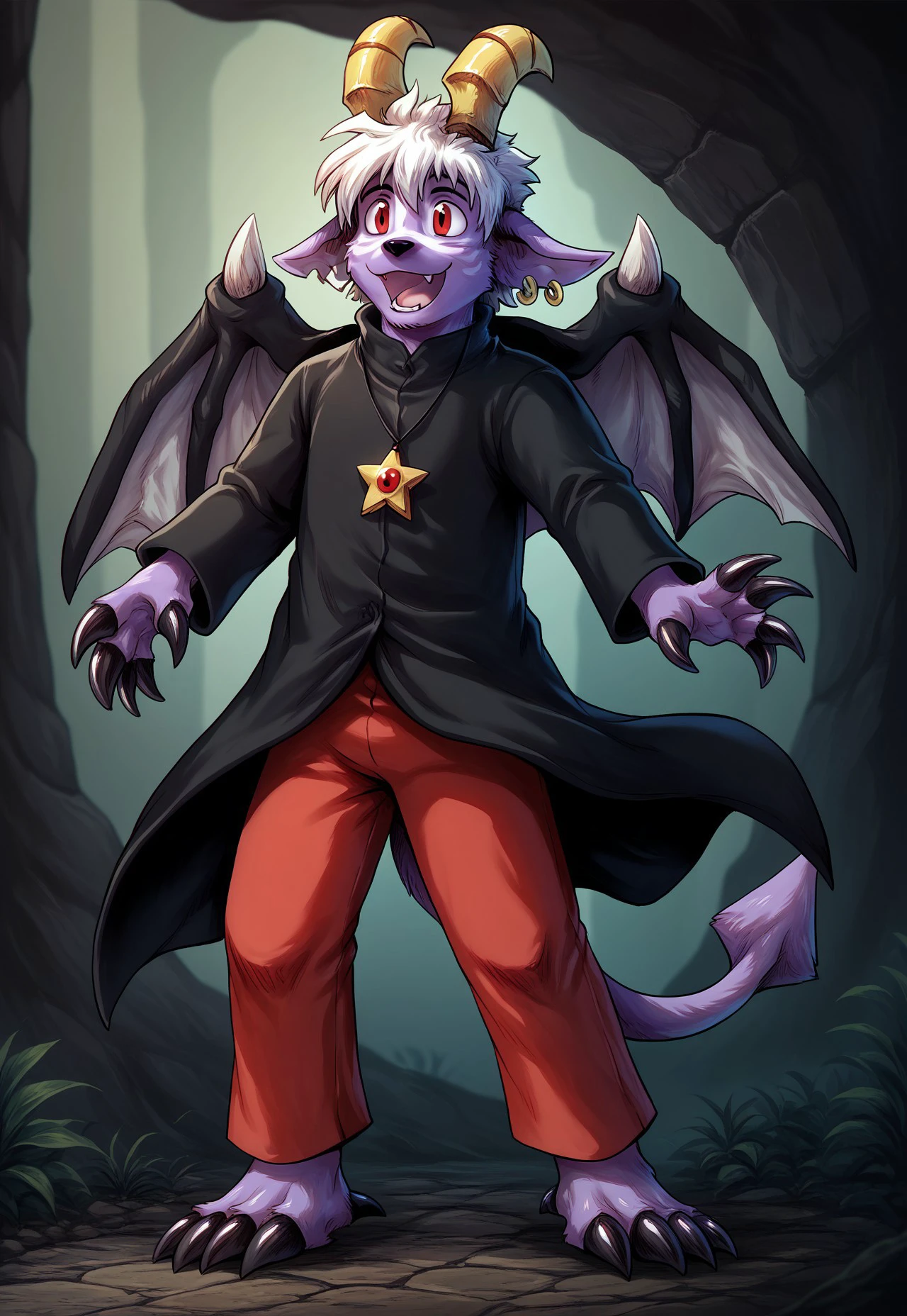 buwaroelexion, score_9, score_8_up, score_7_up, detailed, solo, full body, 1boy, purple skin, white hair, red eyes, horns, animal ears, earrings, necklace, wings, claws, tail, coat, red pants, feet, smile, open mouth, fang