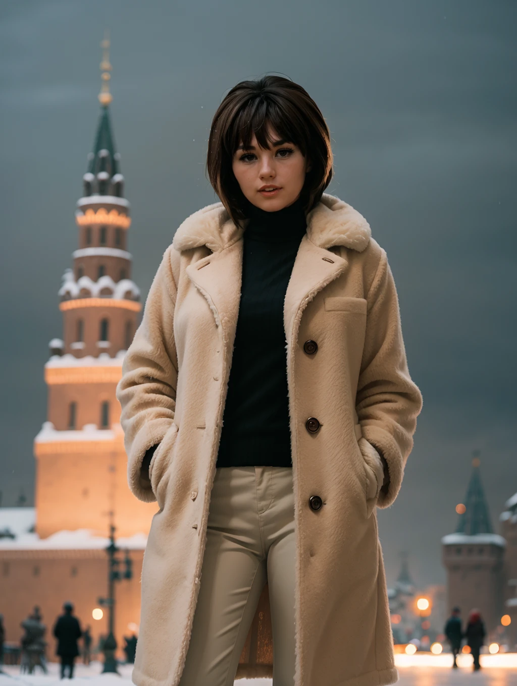 <lora:PE_DianneChandler:1> diannchan8, short hai, a woman wearing full winter outfit and brown pants and a fur coat, in front of the kremlin, with a severe look, looking at viewer, snowstorm, evening, low light