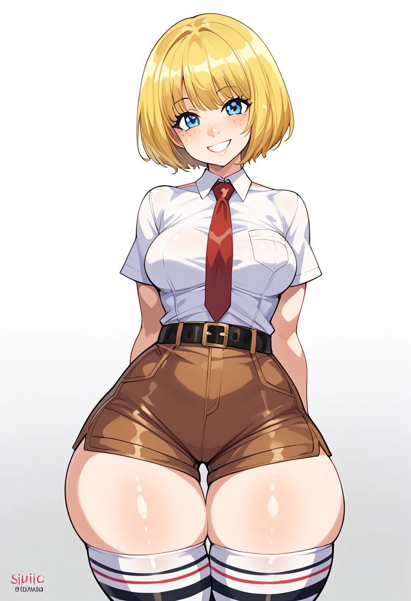 score_9, score_8_up, score_7_up, , shiny skin:0.1, source_anime, , deep skin,, high quality, highres, , 1girl, (curvy), ((wide hips)),, thick thighs, cute, , sexy, medium breasts, solo, SBSPGijinka2, yellow hair, blue eyes, short sleeves, collared shirt, white shirt, red necktie, brown shorts, black belt, white Stockings, striped stockings, freckles, smile, Bob cut