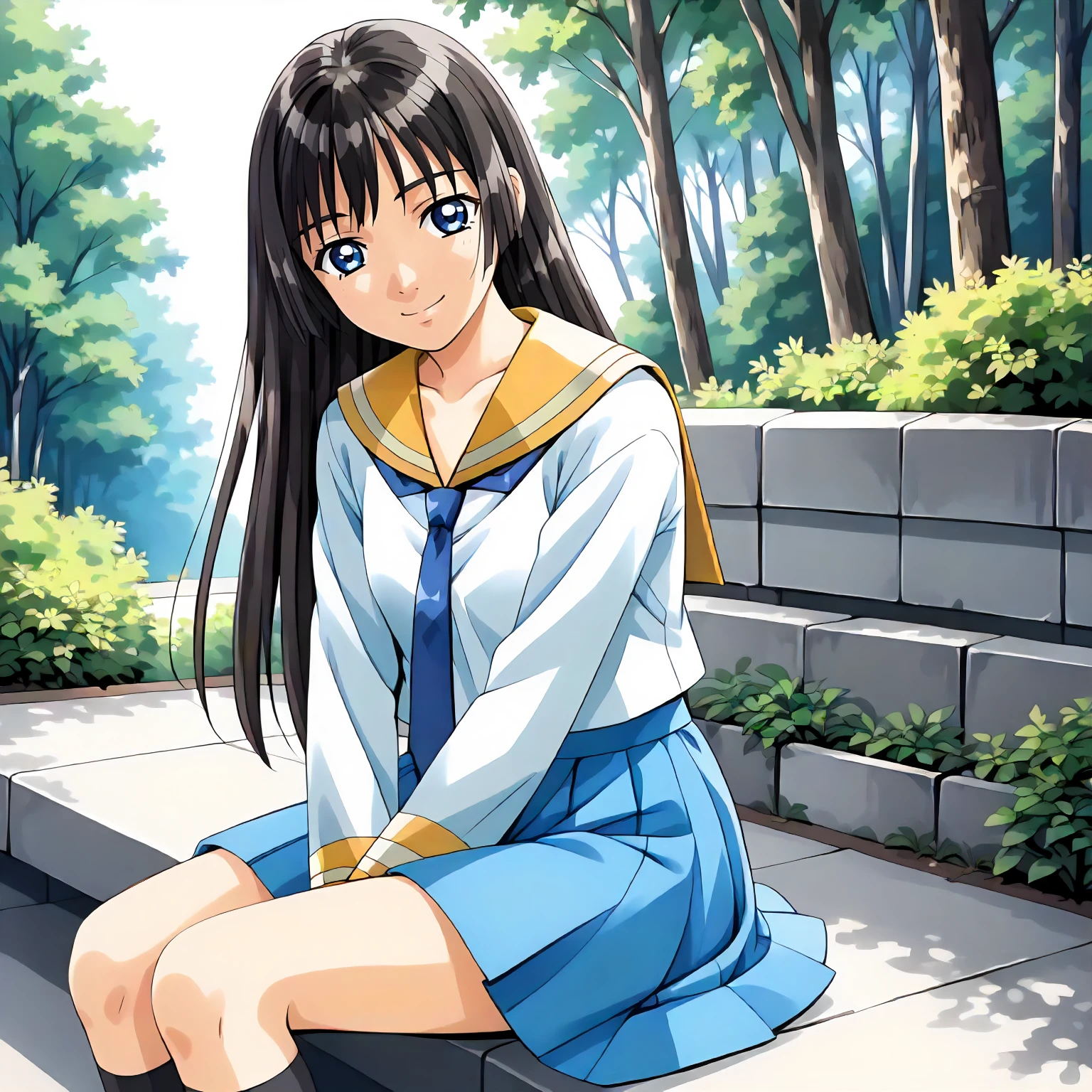 <lora:IS_RumiKitazawaXLpony002>,
outdoors,nature,
smile,
solo,
RumiKitazawa,1girl,black hair,long hair,blue eyes,
white shirt,yellow sailor color,blue tie,long_sleeves,
blue skirt,
black socks,
sitting,