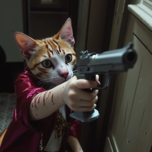 ldrwitness, a cat aiming a pistol at the viewer