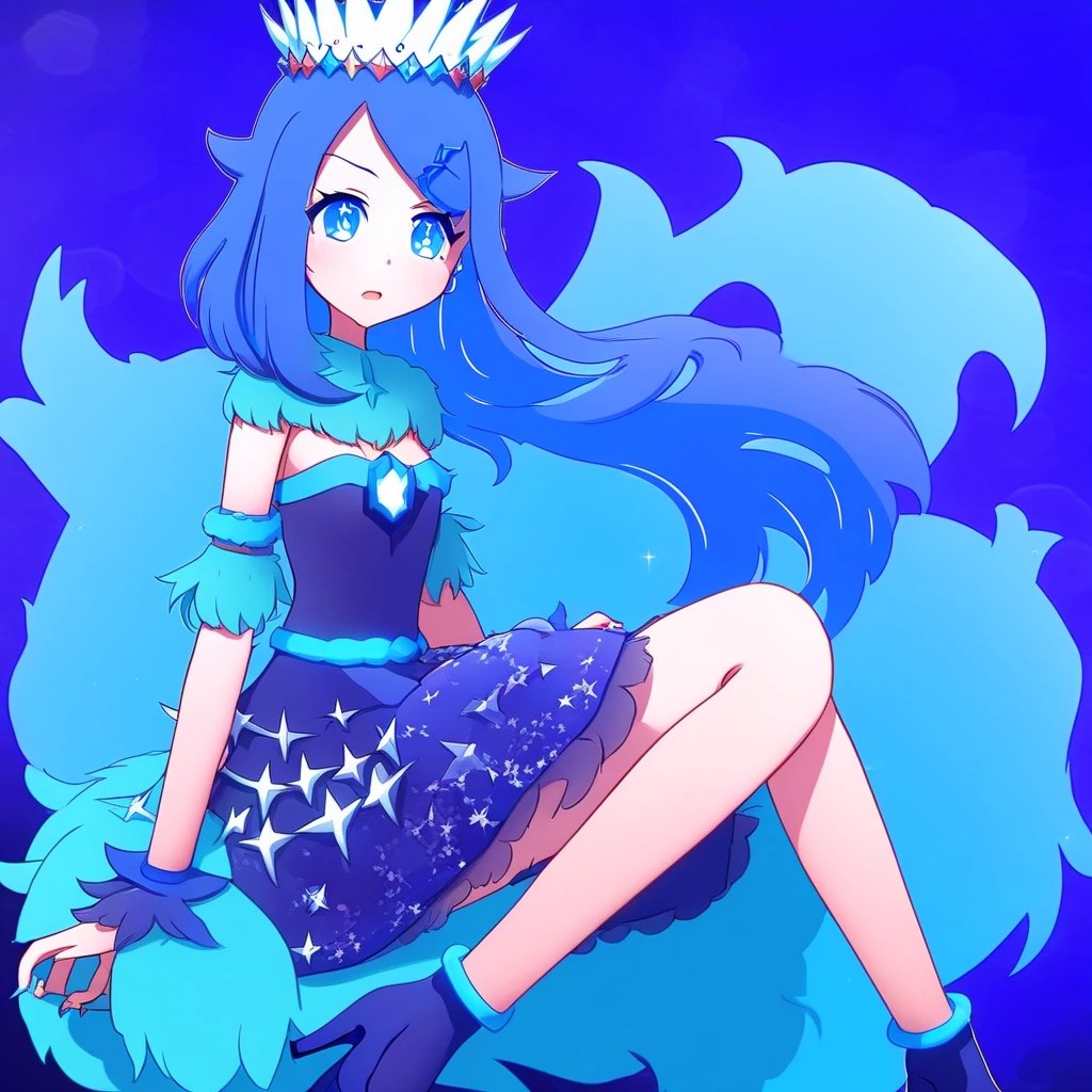 1girl, Liko, long hair, blue hair, hair clip, medium breasts, blue dress, blue high heels, sitting, sitting on throne