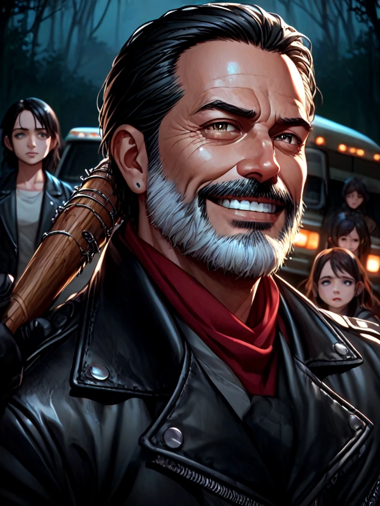 score_9, score_8_up, score_7_up, negan, 1guy, red scraf, black leather jacket, black gloves, narrow waist, 1girl, 2girls, multiple girls, fear, truck, night, forest, realistic, close-up, hand up, arm up, holding weapon, <lora:girlhatenegan_pony:1>