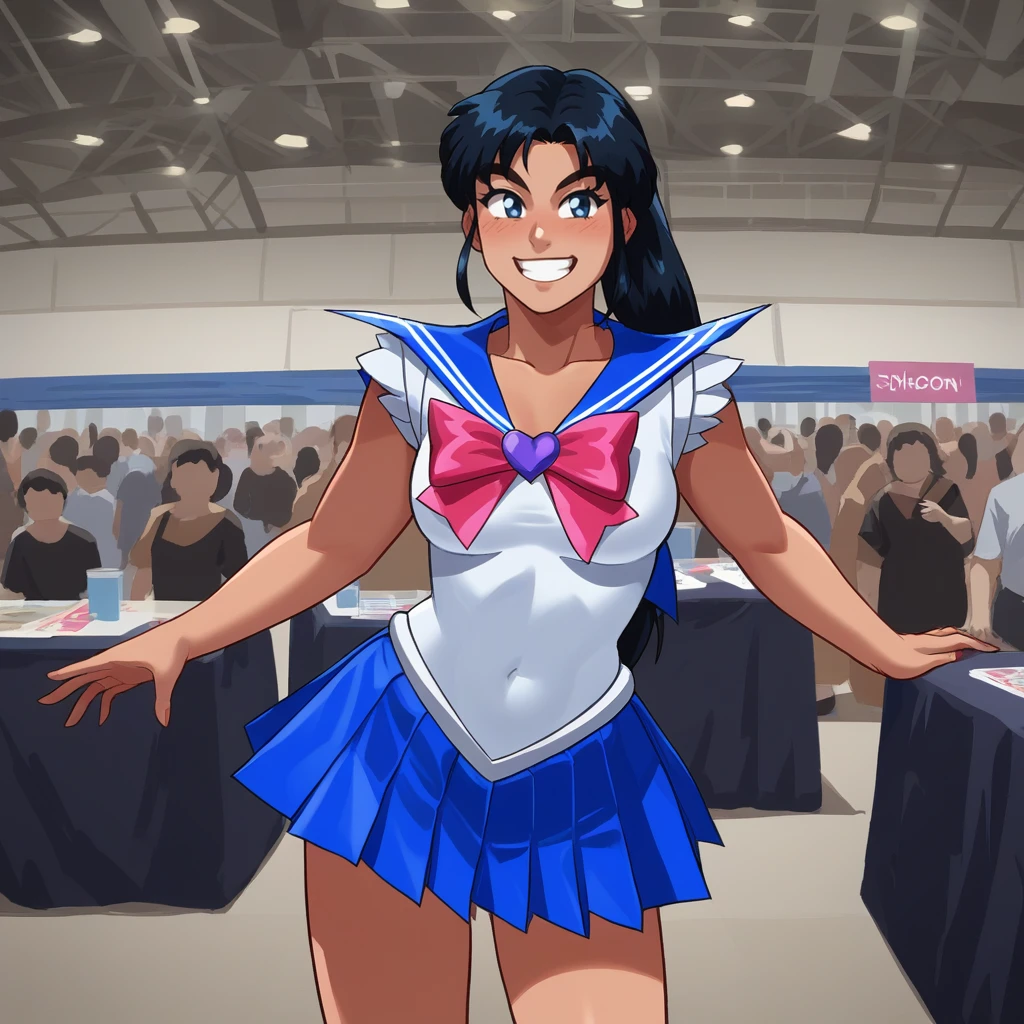 score_9, score_8_up, score_7_up, score_6_up, score_5_up, score_4_up, zPDXL2,source_anime,rating_questionable,cowboy shot,1girl, smile,sailor scout cosplay, <lora:Comic_Convention:0.8> c0.8miccon, comic convention, crowd, indoors, skylight