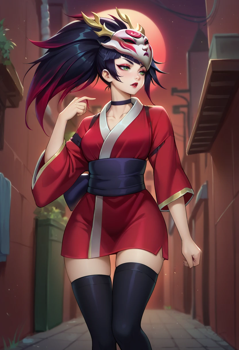 score_9, score_8_up, source_anime, 1girl, solo, AkaliBldMn, green eyes, black hair, gradient hair, red hair, long hair, high ponytail, red lips, red eyeshadow, mask, mask on head, black choker, red kimono, black sash, black thighhighs, outdoors, alley, dark, night, red moon, <lora:ChamAkaliPonyXL:1>