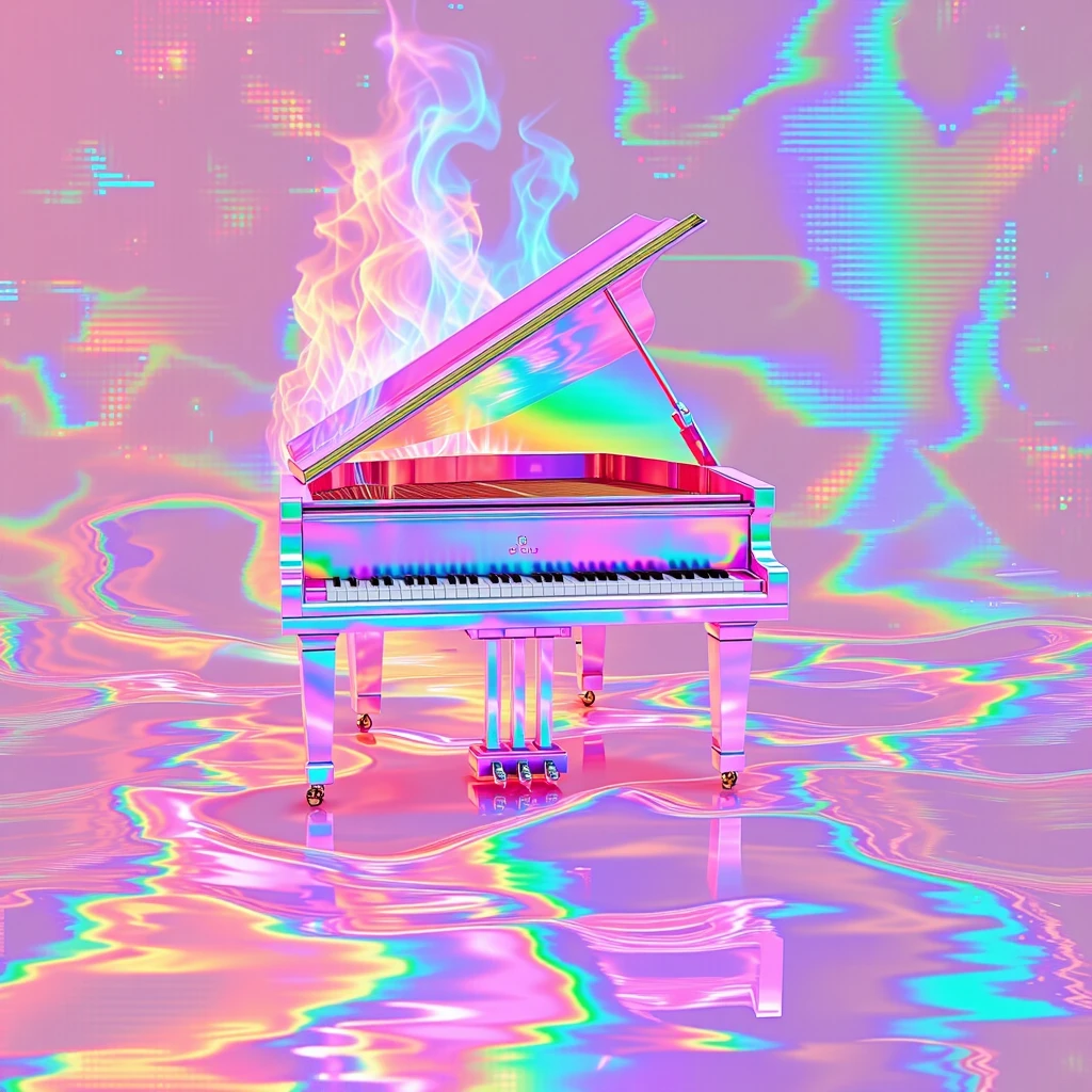 xdlx style aesthetic digital art, iridescent waves of light refracting off a chromatic gradient flaming piano, pixelization, bioluminescent, vaporwave datamosh glitch aesthetic, geometric abstract composition