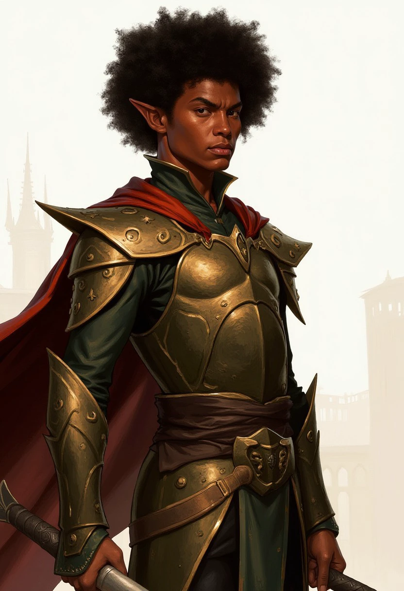 professional 2d illustration of elf man,  afro hair, paladin armor , warrior