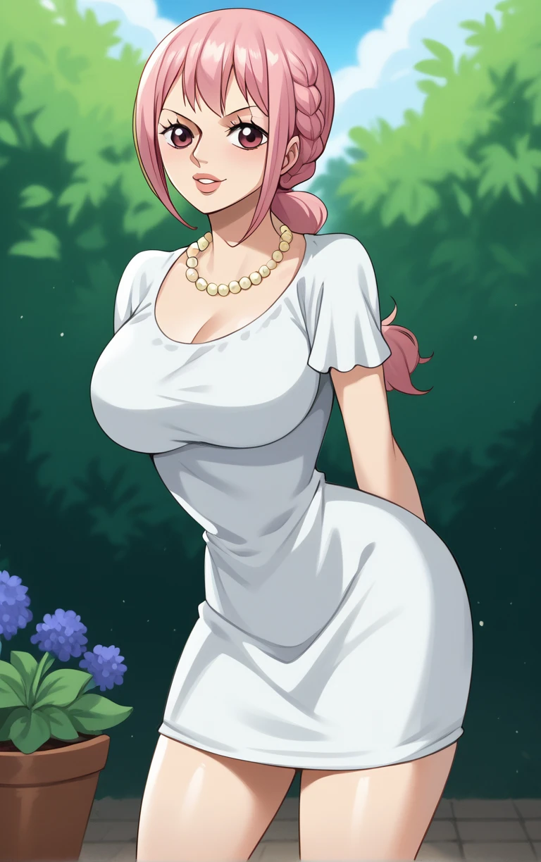 score_9, score_8_up, score_7_up, looking at viewer,  BREAK
Dress_Rebecca_ownwaifu, rebecca \(one piece\),
1girl, eyelashes, pink eyes, pink hair, sidelocks, braid, long hair, jewelry, large breasts, single braid, ponytail, lips, necklace, pearl necklace, beads,
dress, short sleeves, long dress, white dress, short dress, thighs, legs,
(leaning forward, arms behind back), cowboy shot, garden, wisteria, outdoors, <lora:PONYXL_ONEPIECE_Rebecca_ownwaifu:0.85> , depth of field, solo,