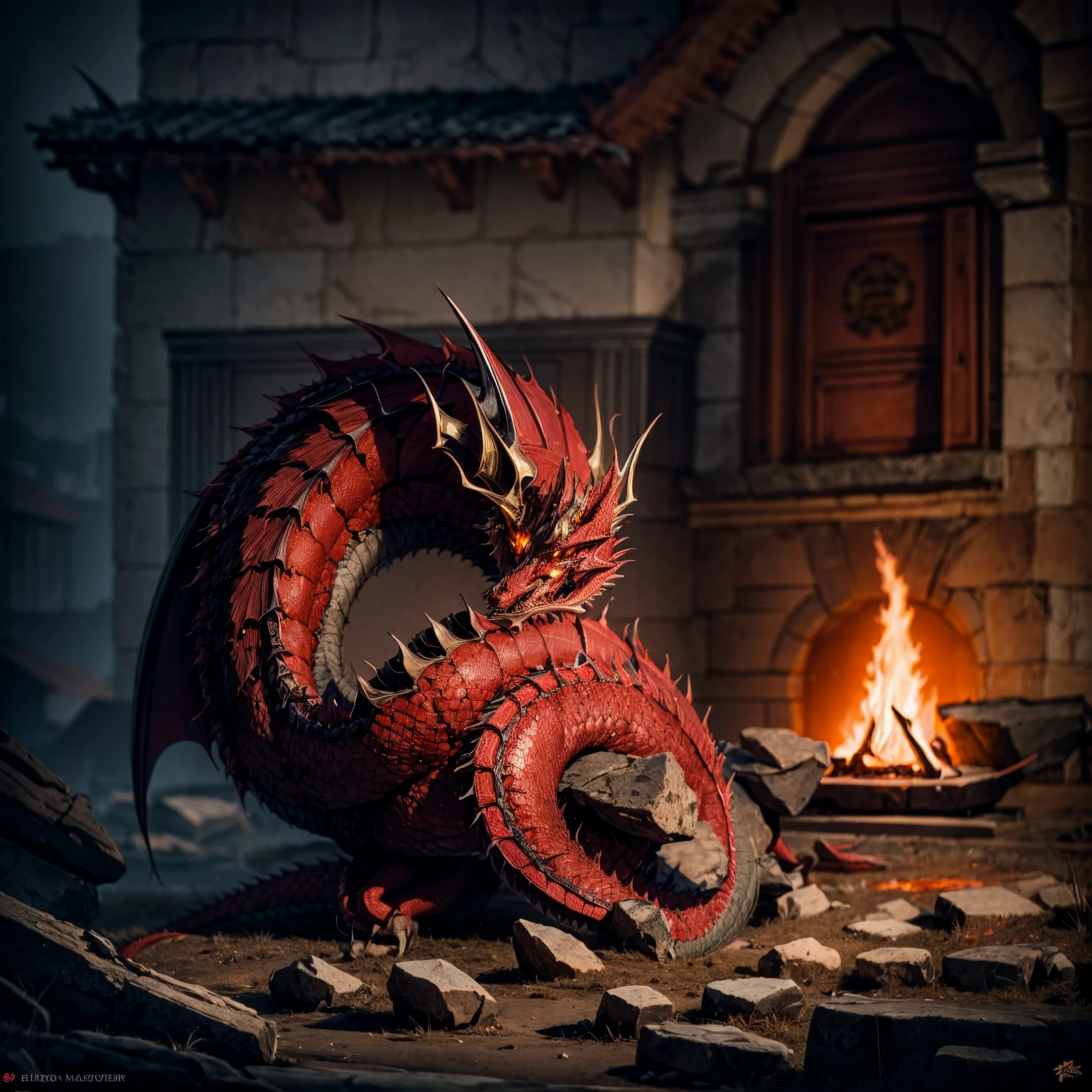 red dragon, curled up, sleeping, <lora:fireperfectworld:0.8>, elementalplanefire, <lora:more_details:0.6>, high quality, highres, masterpiece, best quality, 8k, intricate, detailed, <lora:add_detail:0.6>, very detailed