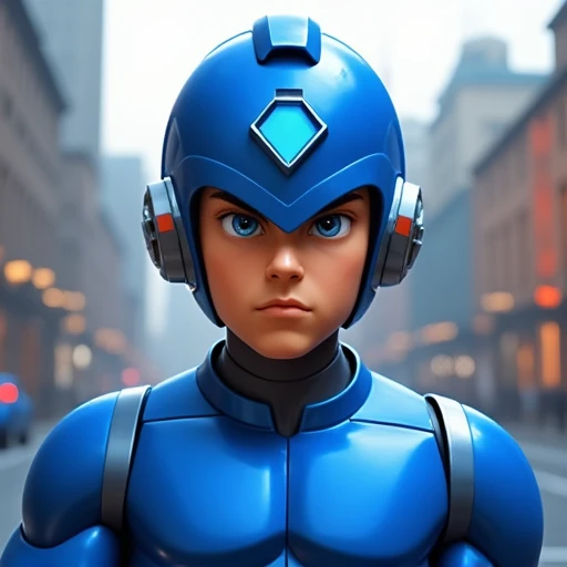 megaman, standing on a street, street level, blue robot, 3d++, smooth, high details, masterpiece, 4k, (handsome teen face), (realistic face:1.5), (high detailed face:1.5), (high detailed eyes:1.5), (serious), (focused)