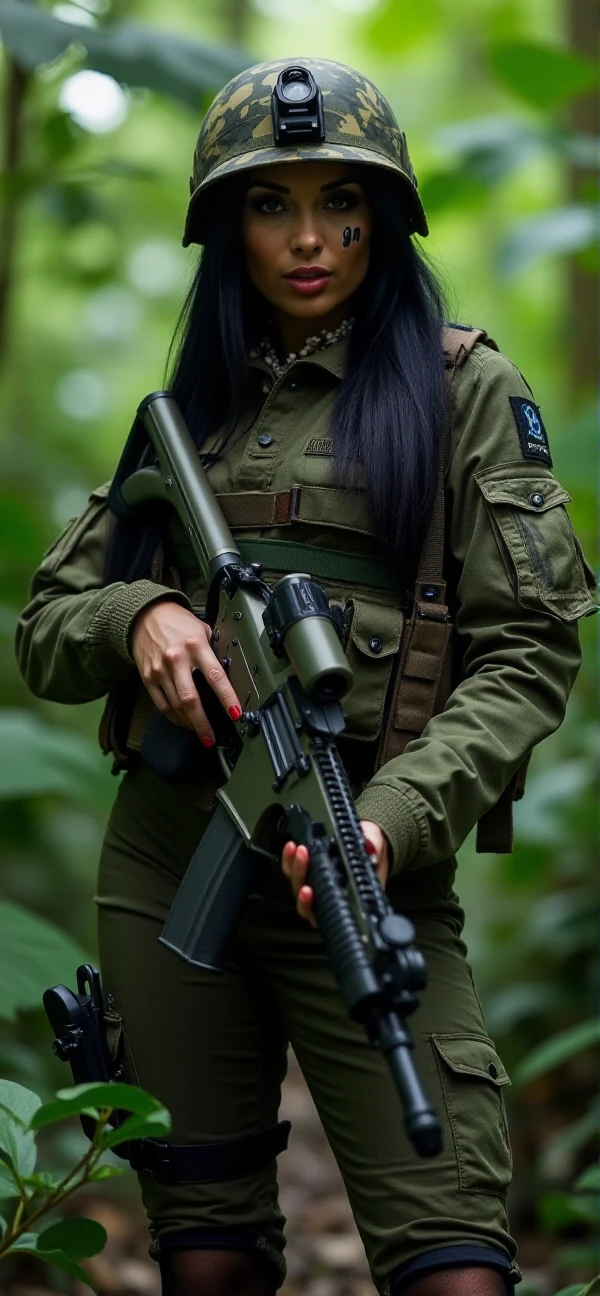 Anissa Kate is a soldier. She wears a camouflage helmet, bulletproof jacket and camouflage cargo pants. She have camouflage paint on the face. She holds a machinegun. In the humid and scary jungle  <lora:AnissaKate:0.8>