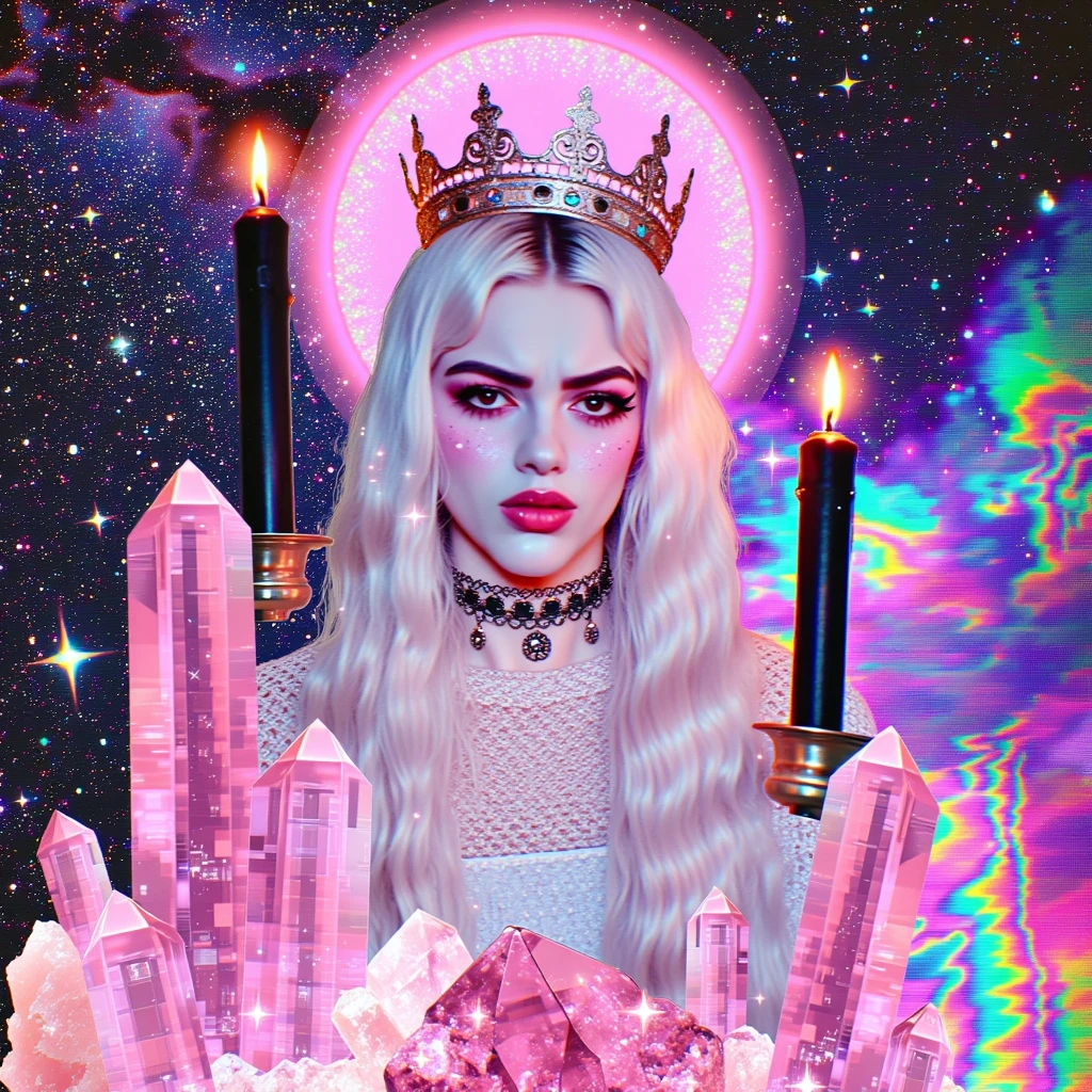 xdlx style symmetrical aesthetic digital photo, occult style goddess with mischievous expression and pink halo, black candles and pink crystals, digital collage, beautiful night sky with a lot of stars, abstract composition, vaporwave aesthetic, glitched data mosh chromatic gradient