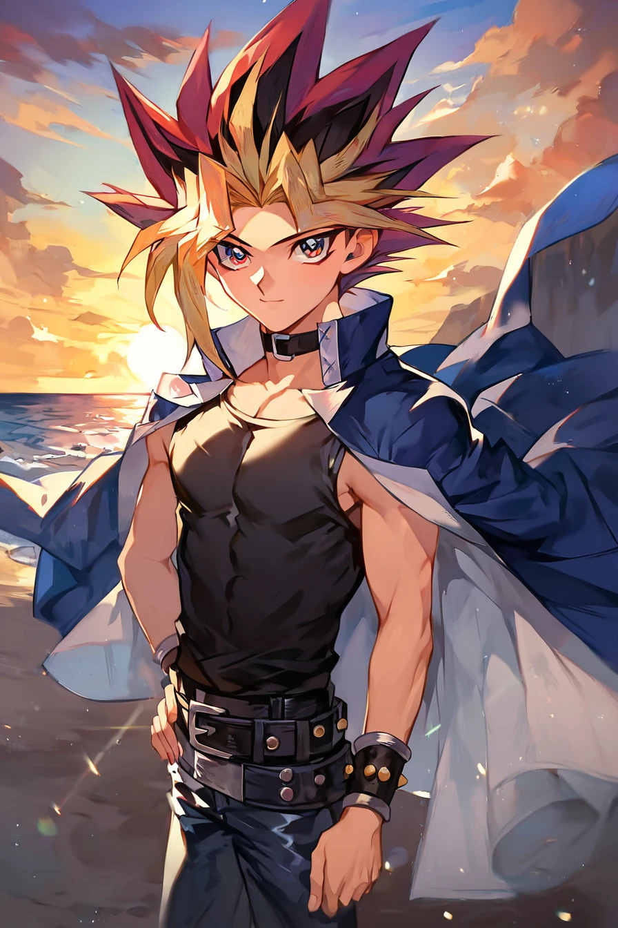 score_9, score_8_up, score_7_up, score_6_up, score_5_up, score_4_up, <lora:Yami_Yugi_Pony-000008:0.8>, yami yugi, black hair, blonde hair, multicolored hair, spiked hair, black shirt,  sleeveless shirt, blue jacket, choker, belt, pants, 1boy, standing, alone, looking at the viewer, masterpiece, highres, highly detailed face, highly detailed shining eyes, symmetrical highly detailed eyes, entire body, legs, beach, sand, sea