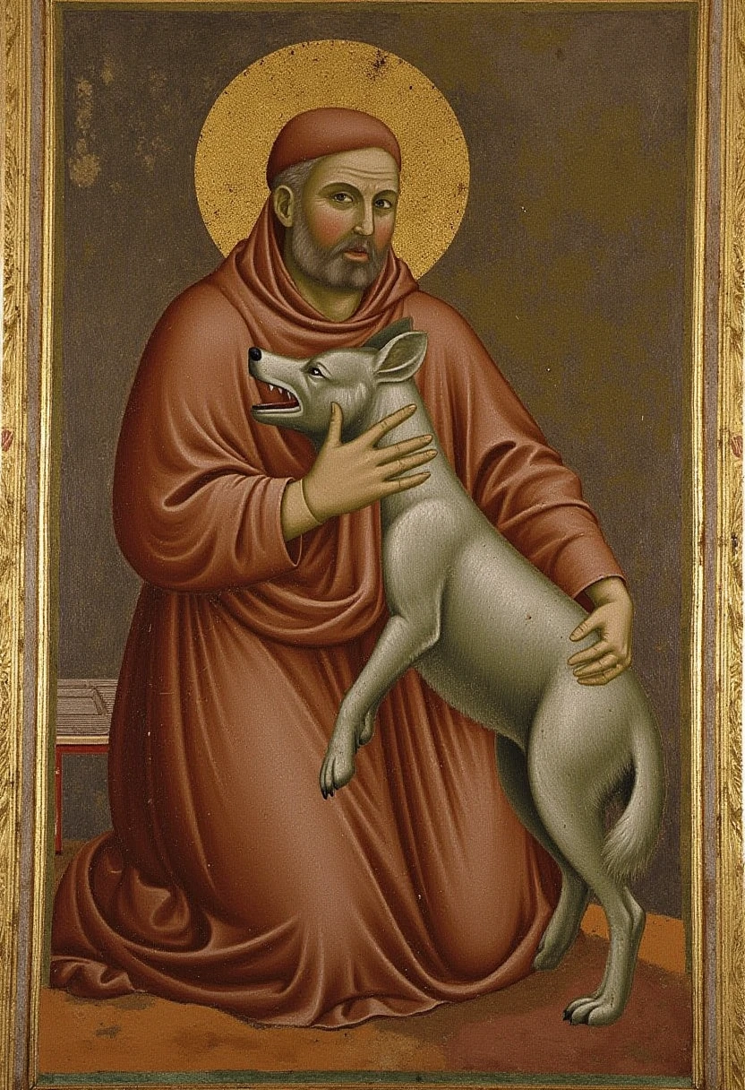 A medieval painting in the style of Giotto about saint Francis, Franciscan monk, with a wolf, close up