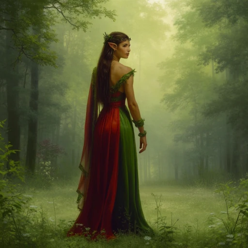 female beautiful elf wearing a long dress, druid