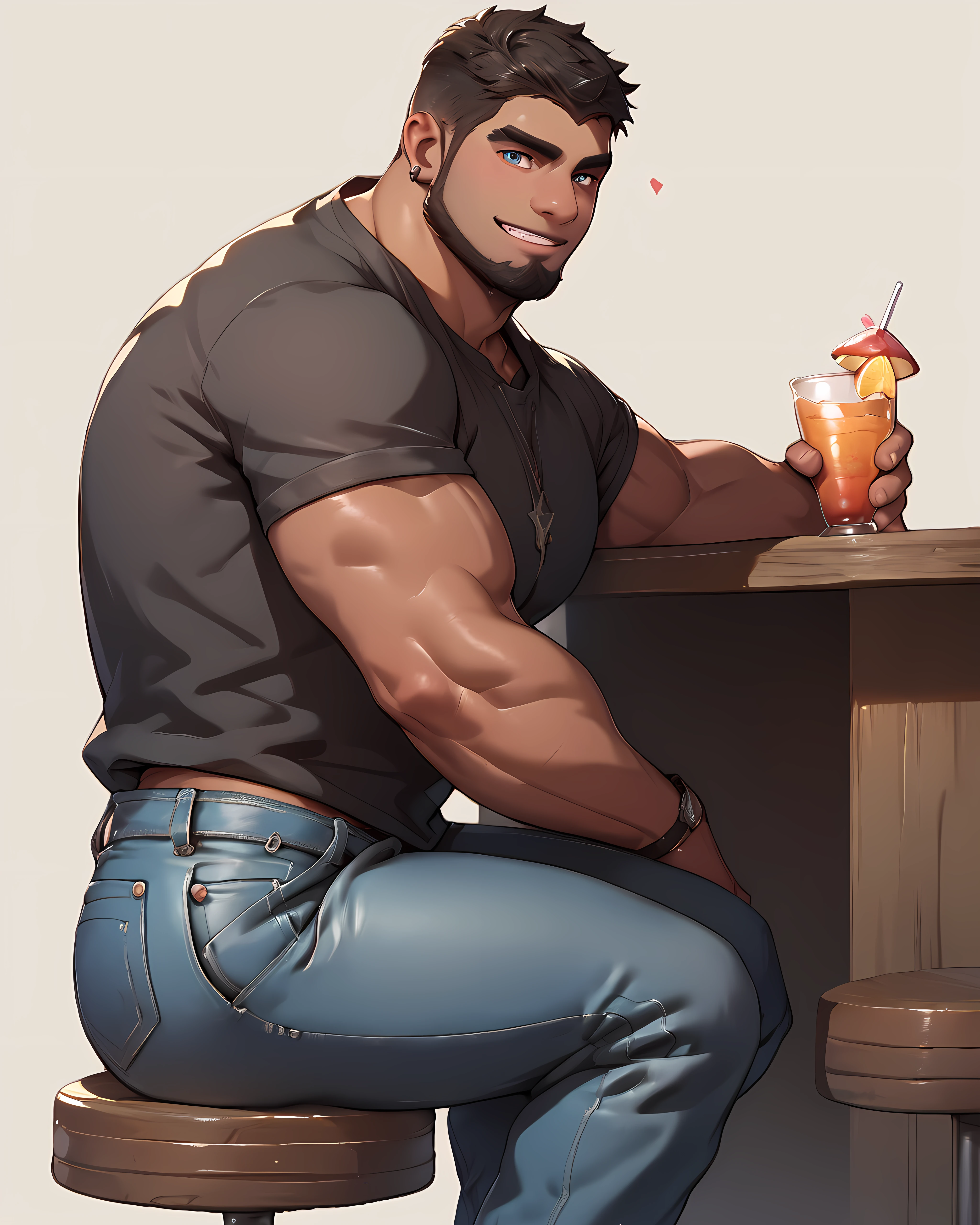 <lora:Dom_Santiago_PonyXL-10:0.93> dom_santiago, dark skin, muscular, beard, shirt, open jacket, long jeans, bara, sitting on stool, bar, cocktail, score_9, score_8_up, score_7_up, score_6_up,