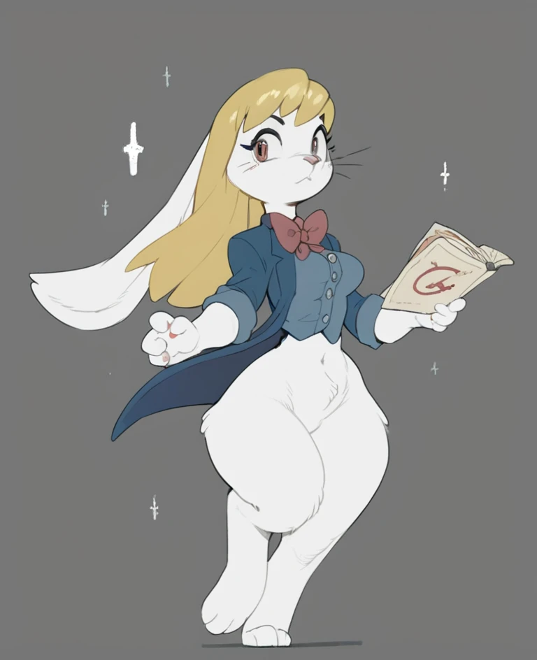 score_9, score_8_up, score_7_up, score_6_up, score_5_up, score_4_up,, solo,, alice, coupon alice, furry, female, blonde hair, tail, white fur, rabbit ears, bowtie, blue vest, bottomless, breasts, <lora:Coupon_Alice:1>