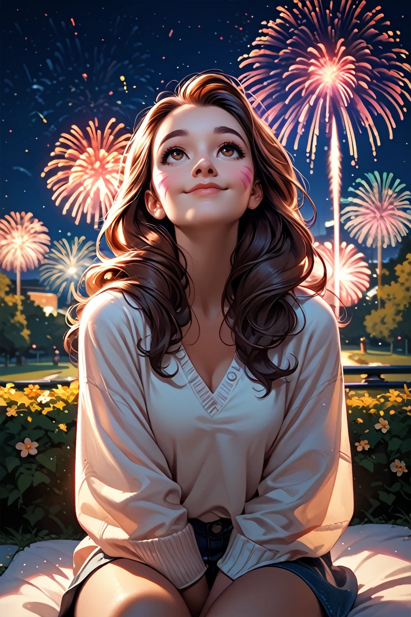 score_9, score_8_up, score_7_up
<lora:ODVA:1.0>
ODVA, 1girl, brown hair, brown eyes, long hair, whisker markings, sitting, at night, fireworks, park, looking up, smile