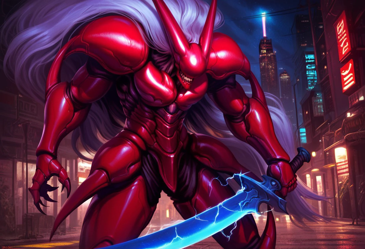 score_9, score_8_up, score_7_up, 1boy, solo,  Expressiveh, (ShouX, monstrous humanoid, armor, red body, white hair, long hair, eyeless, noseless, earless, teeth, claws, armor, closed mouth), city, streets, night, blue sword, energy sword, holding sword, standing, detailed background, 4k, masterpiece, best quality, highly detailed, realistic