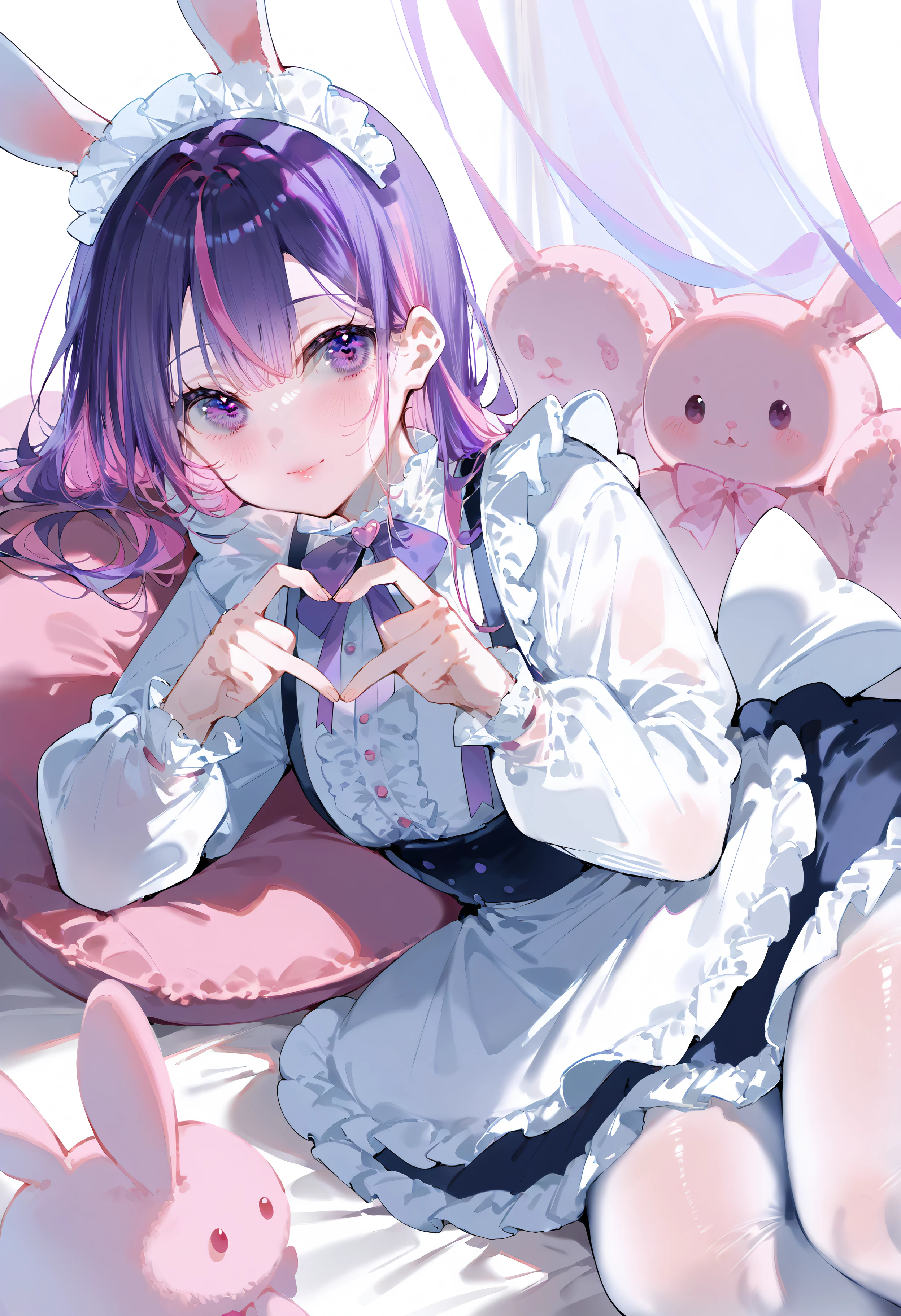 score_9, score_8_up, score_7_up, best quality, source_anime BREAK, 1girl, animal ears, on side, virtual youtuber, lying, long hair, purple hair, heart hands, looking at viewer, pantyhose, long sleeves, skirt, multicolored hair, purple eyes, pink hair, blush, stuffed rabbit, frills, bow, white shirt, streaked hair, stuffed toy, stuffed animal, closed mouth, maid headdress, apron, <lora:ragragko:1>