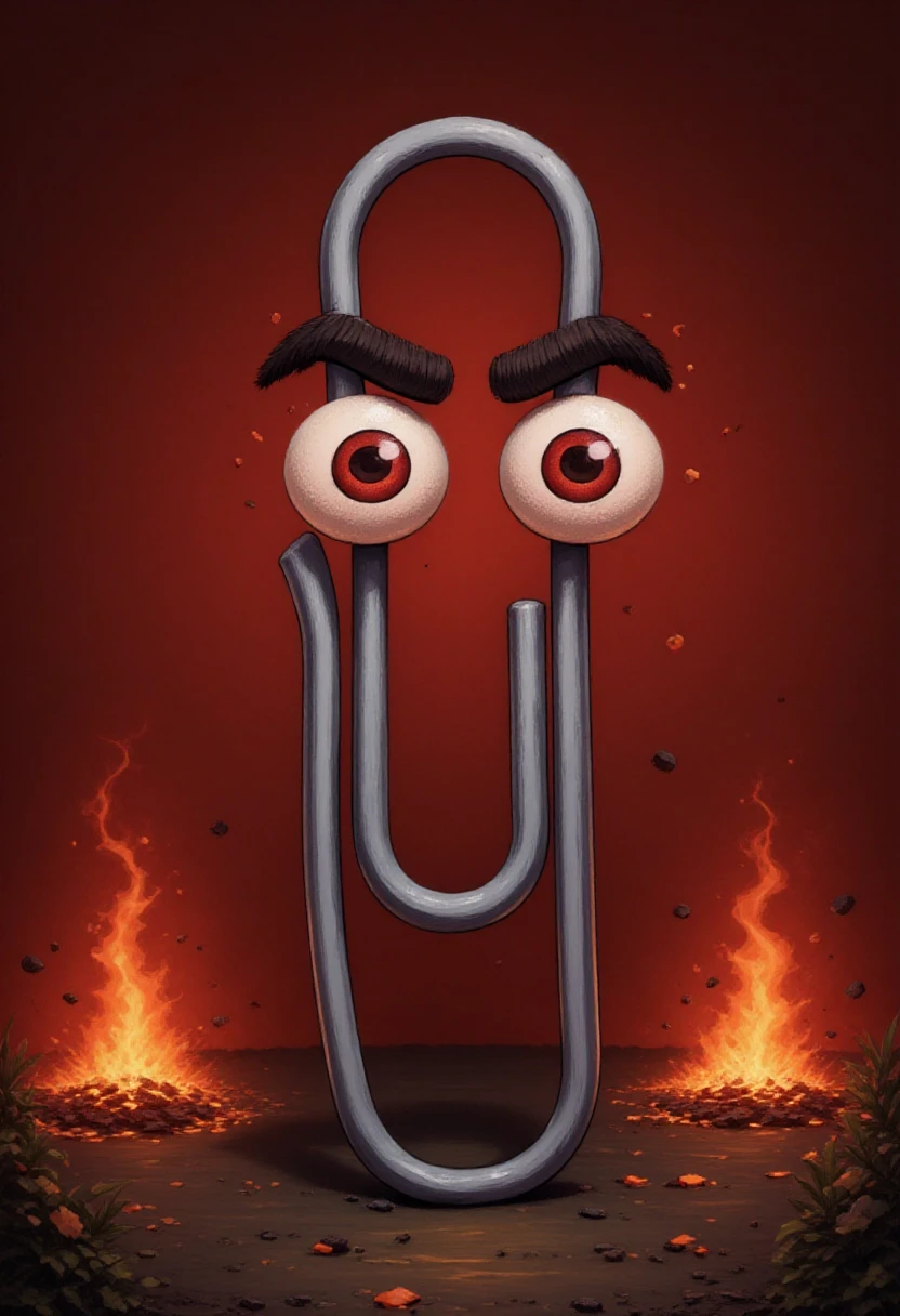 clippy, angry with bloodshot eyes and v-eyebrows. hell background  