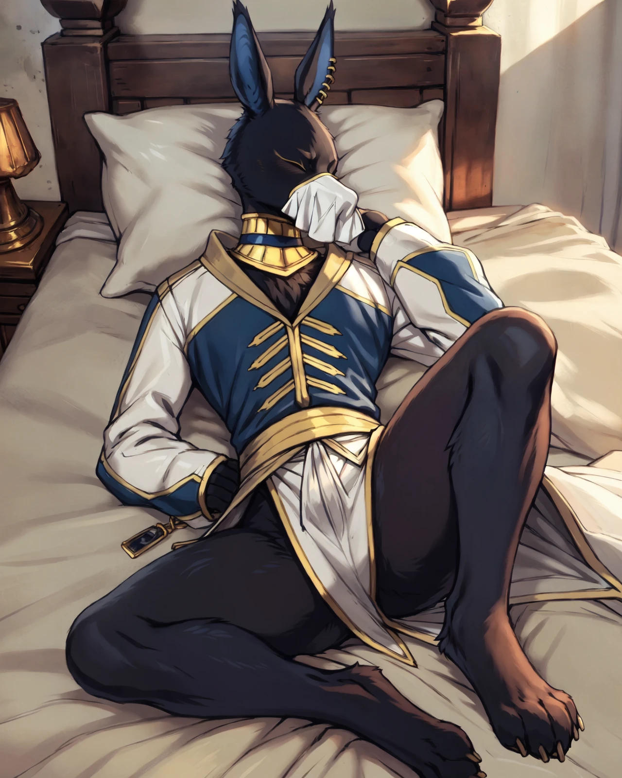 <lora:SiriusAbiv8_YM:0.9>, siriusabi, solo, anthro, anime, canid,cloth mask, dynamic angle,lying on bed, bed, on back,bent leg, indoors, asleep, gold choker, fur, ear piercing, head on pillow, head aside, eyes closed, clothing, advisor outfit, 4k, hi res, insanely detailed, paws, symmetrical, detailed background, by zackary911, by personalami, by angiewolf, by drmax, by kenket