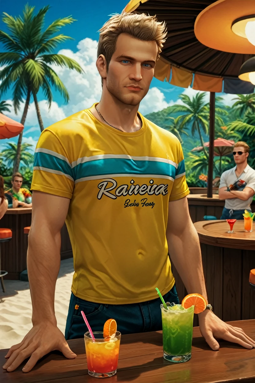 score_9, score_8_up, score_7_up
<lora:DR2Chuck:1.0>
DR2Chuck, 1boy, blonde hair, blue eyes, looking at viewer, male model in a vibrant tropical shirt, standing next to a palm tree, beach bar in the background, holding a colorful cocktail, festive atmosphere