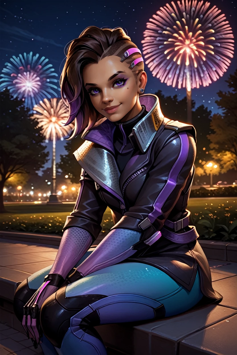 score_9, score_8_up, score_7_up
<lora:OSombra:1.0>
OSombra, 1girl, brown hair, purple eyes, undercut, looking at viewer, sitting, at night, fireworks, park, looking up, smile