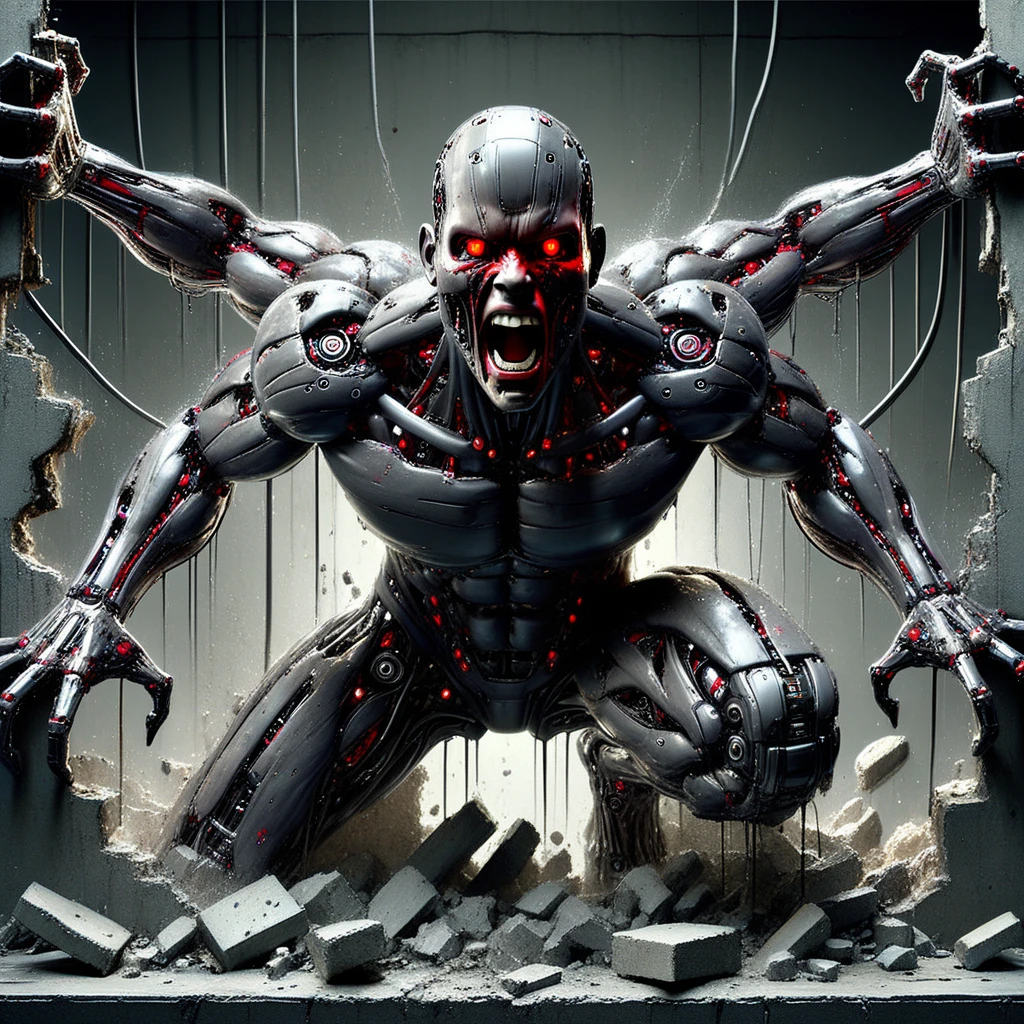 humanoid robot, 1boy, synthetic skin, exposed muscles, breaking through a concrete wall, dynamic pose, male focus, robot joints, dripping oil, grease, hyper-realistic, full body in frame, intricate mechanical components, solo, no humans present, bald head, glowing red eyes, intense expression, wide open mouth, visible teeth, extra arms, three mechanical arms, three hands, detailed mechanical fingers, mechanical legs, mechanical feet, barefoot, glowing red accents, scattered rubble, debris from wall, thick cables hanging, industrial setting, dark and gritty atmosphere, horror theme, cinematic lighting, high detail, immersive realism