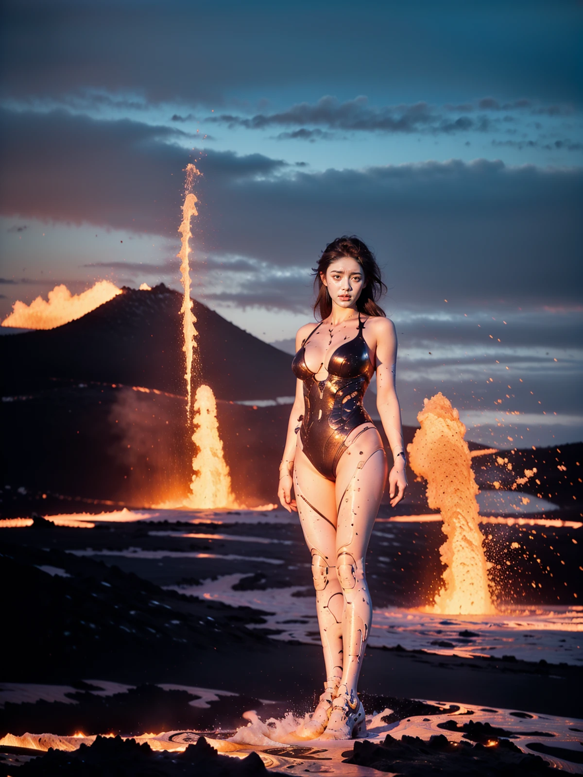 highly detailed,best quality,high resolution,masterpiece,
volcano,(lava flow\(glowing, splash, high in the air, surrounding a girl\):1.2),full shot,
front view,(background\(cloud, volcano, light color, lava splash\) :1.2),high resolution,
jijia,cyborg,science fiction,
(1girl\(cyborg, looking at viewer, lava body, lava arm, lava legs, big breast, jijia, science fiction, best fingers, full body\):1.1),photorealistic,wide shot,wide-angle lens,super vista,super wide angle,