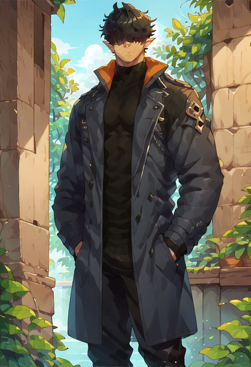 score_9, score_8_up, score_7_up, broad shoulders, bara,
1boy, solo, looking at viewer, hands in pockets, fullbody, black shirt, hair over eyes, black footwear, coat, pale skin, pointy ears, black hair