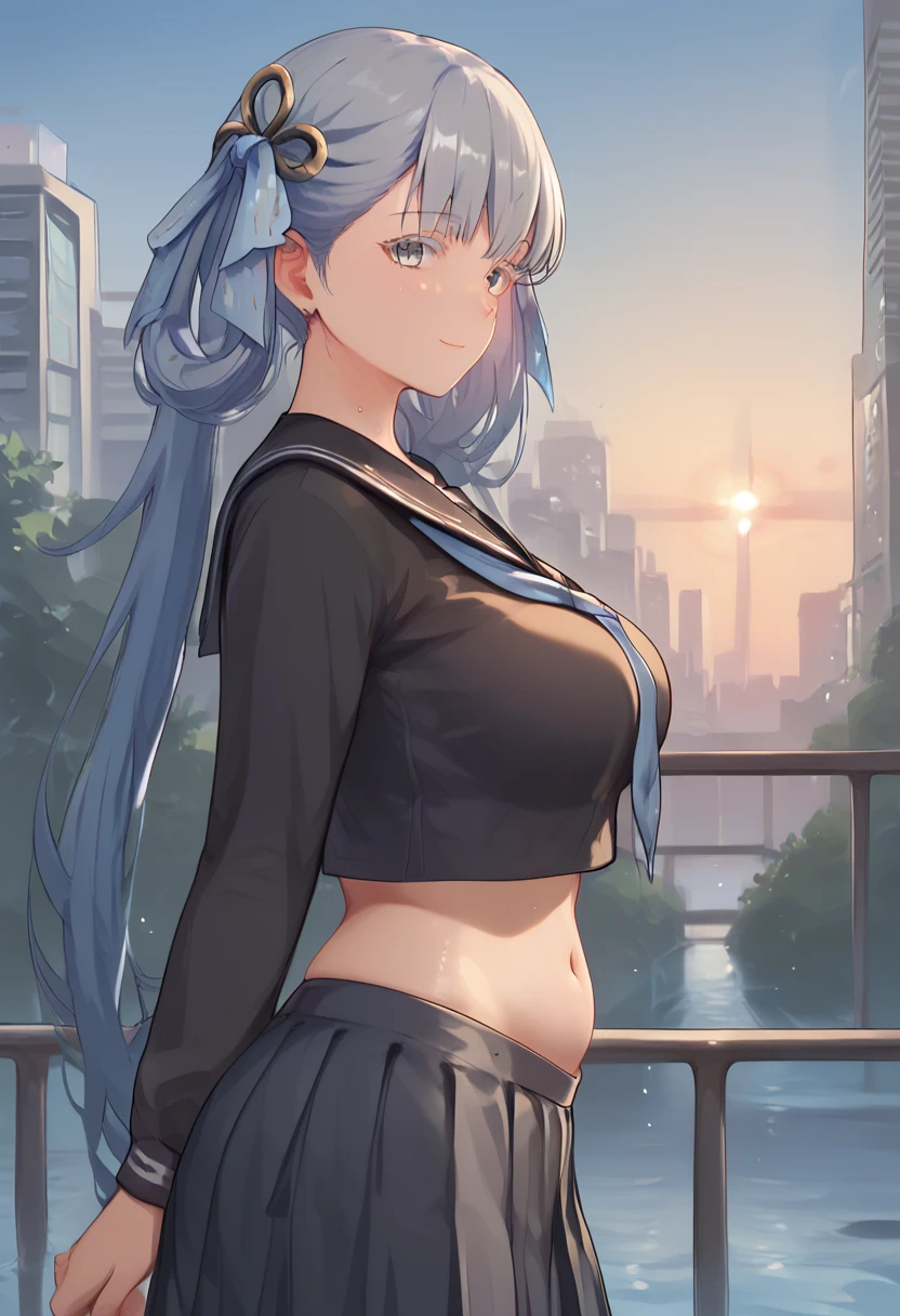 score_9,score_8_up,score_7_up,zPDXLxxx,zPDXL2,1girl,solo,medium breasts,curvy,shiny skin,oiled skin,shiny clothes,<lora:jinhsi:1>,jinhsi_\(wuthering_waves\),long hair,light blue hair,hair ornament,hair ribbon,blue ribbon,grey eyes,bangs,long hair,looking at viewer,blush,smile,shirt,skirt,long sleeves,school uniform,outdoors,huge breasts,pleated skirt,sky,serafuku,black skirt,sailor collar,water,from side,blue sky,looking to the side,neckerchief,building,lens flare,black sailor collar,black serafuku,sunset,railing,cityscape,blue neckerchief,sunrise,belly peek,