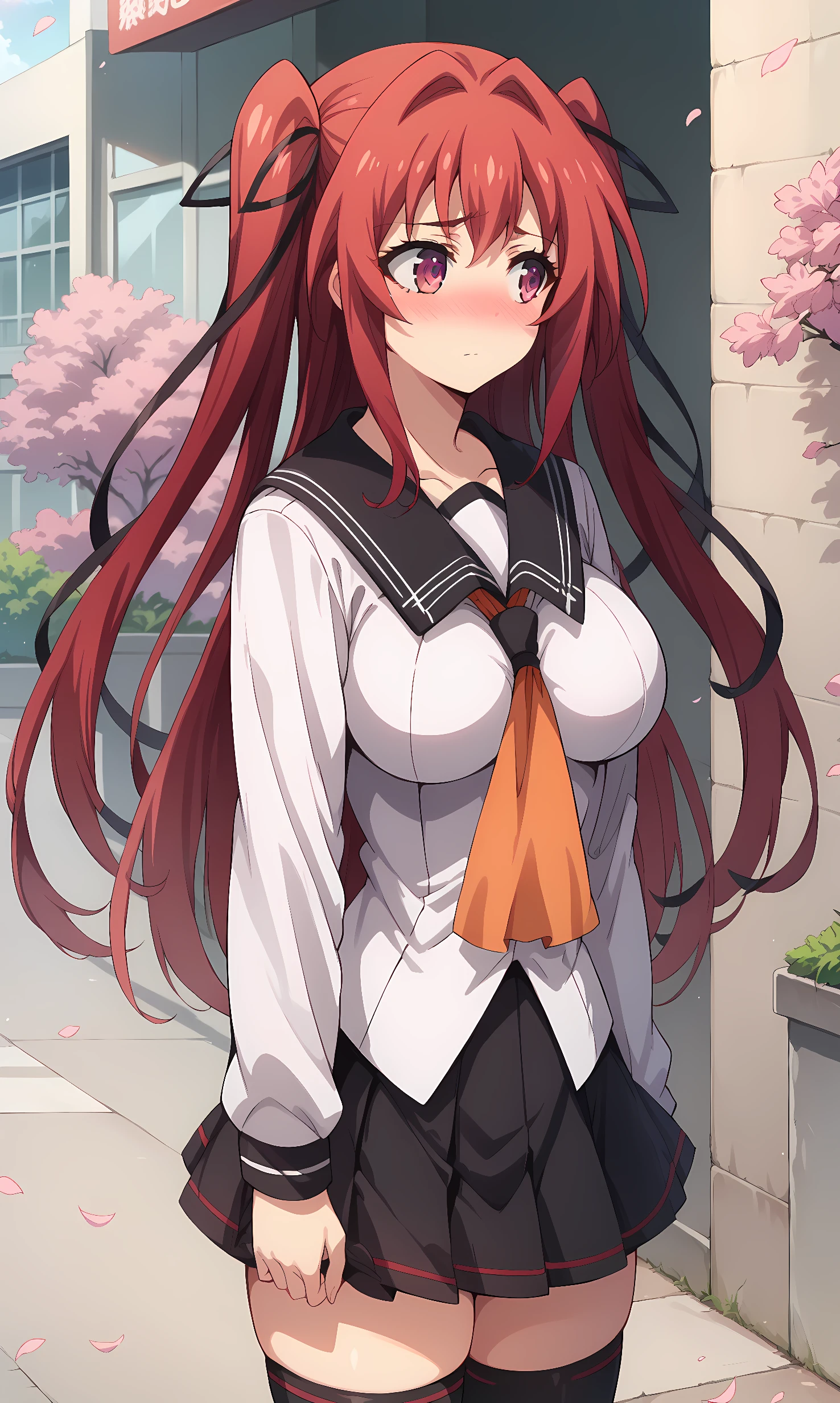  score_9, score_8_up, score_7_up, BREAK source_anime, 1girl, solo, outdoors, street, cherry blossoms, cowboy shot, standing, looking away, mio naruse, purple eyes, red hair, long hair, two side up, black ribbon, hair ribbon, school uniform, white shirt, long sleeves, black serafuku, orange neckerchief, black skirt, pleated skirt, black thighhighs, black shoes, close-up, shirt overhang, nose blush